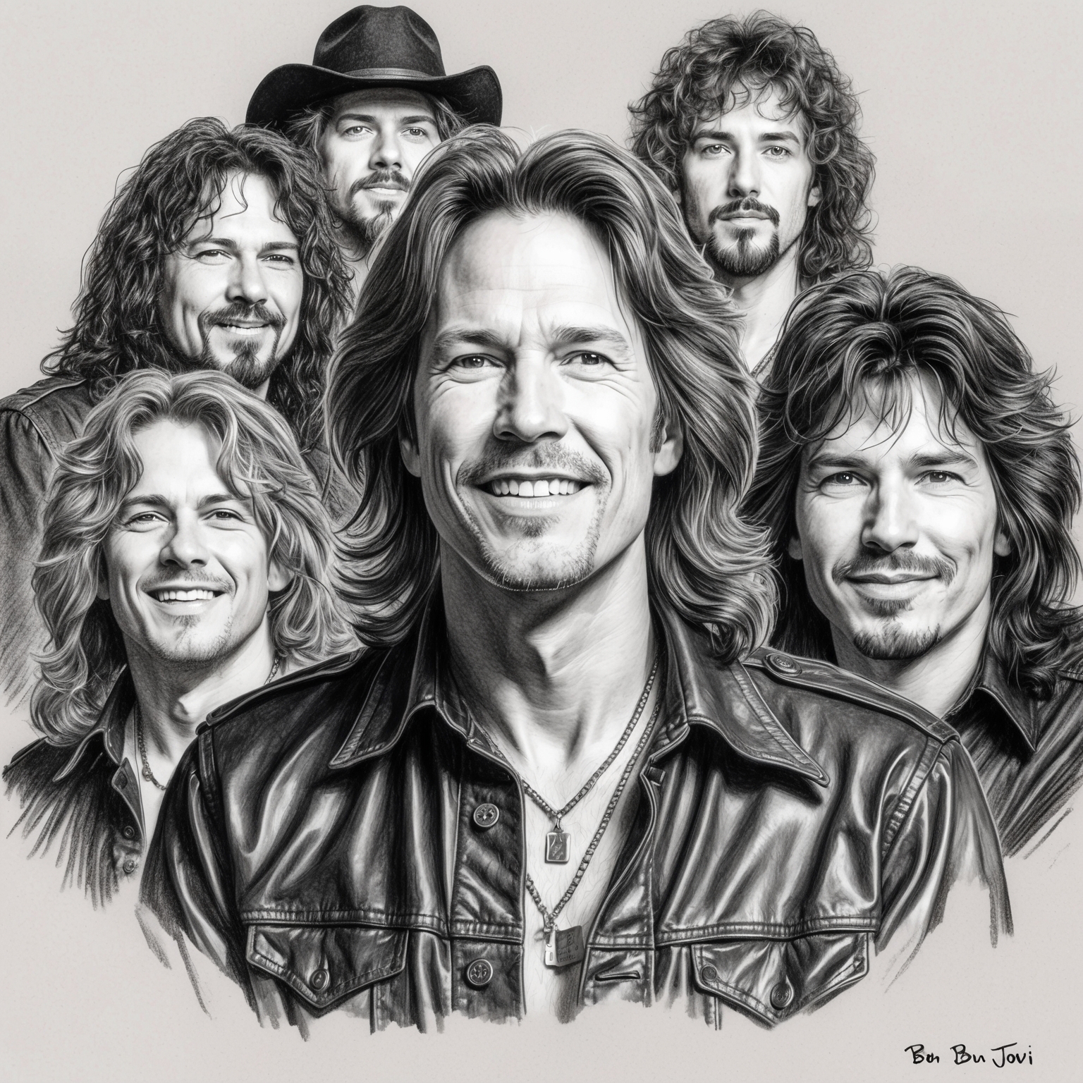 Create a black and white charcoal portrait of Bon Jovi, capturing the rock band