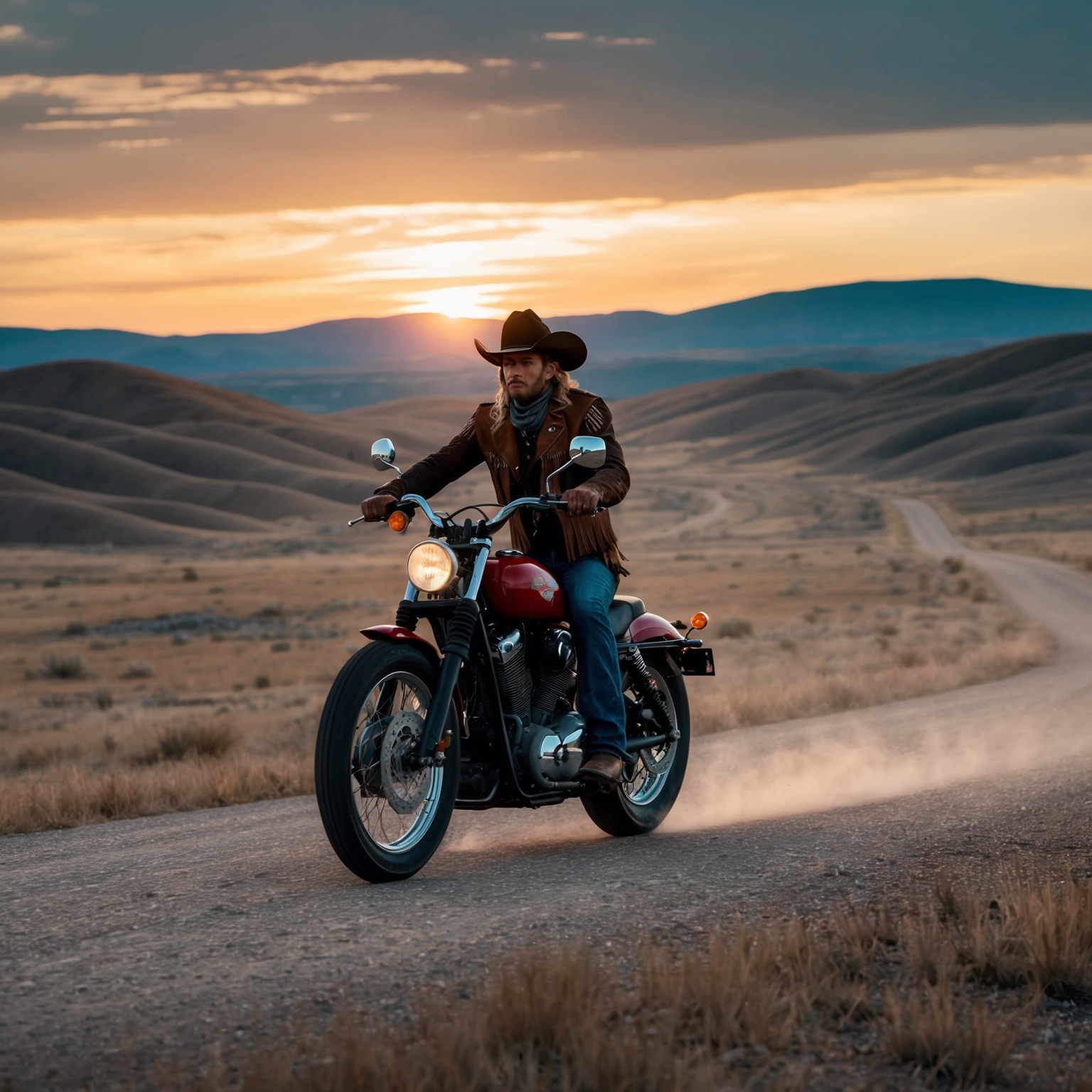 An evocative digital art piece that captures the essence of a lone cowboy riding a motorcycle through a desolate landscape, with rolling hills and a sunset sky. The imagery should evoke themes of freedom, adventure, and solitude, reflecting the spirit of a wandering soul searching for identity and purpose.