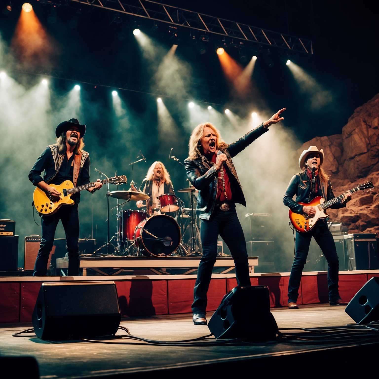 A concert scene featuring a charismatic rock band performing on a stage with dramatic lighting, reminiscent of the Wild West – incorporating rugged terrains and a cinematic atmosphere to convey the energy of a live music performance.