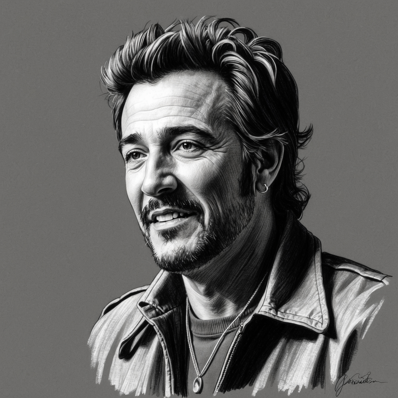 Create a charcoal drawing of Bruce Springsteen. The style should be black and white, capturing a half-finished feel. Focus on his facial expressions, portraying him as a reflective and thoughtful musician. Ensure the artwork conveys a sense of artistic intensity and connection to his iconic status.