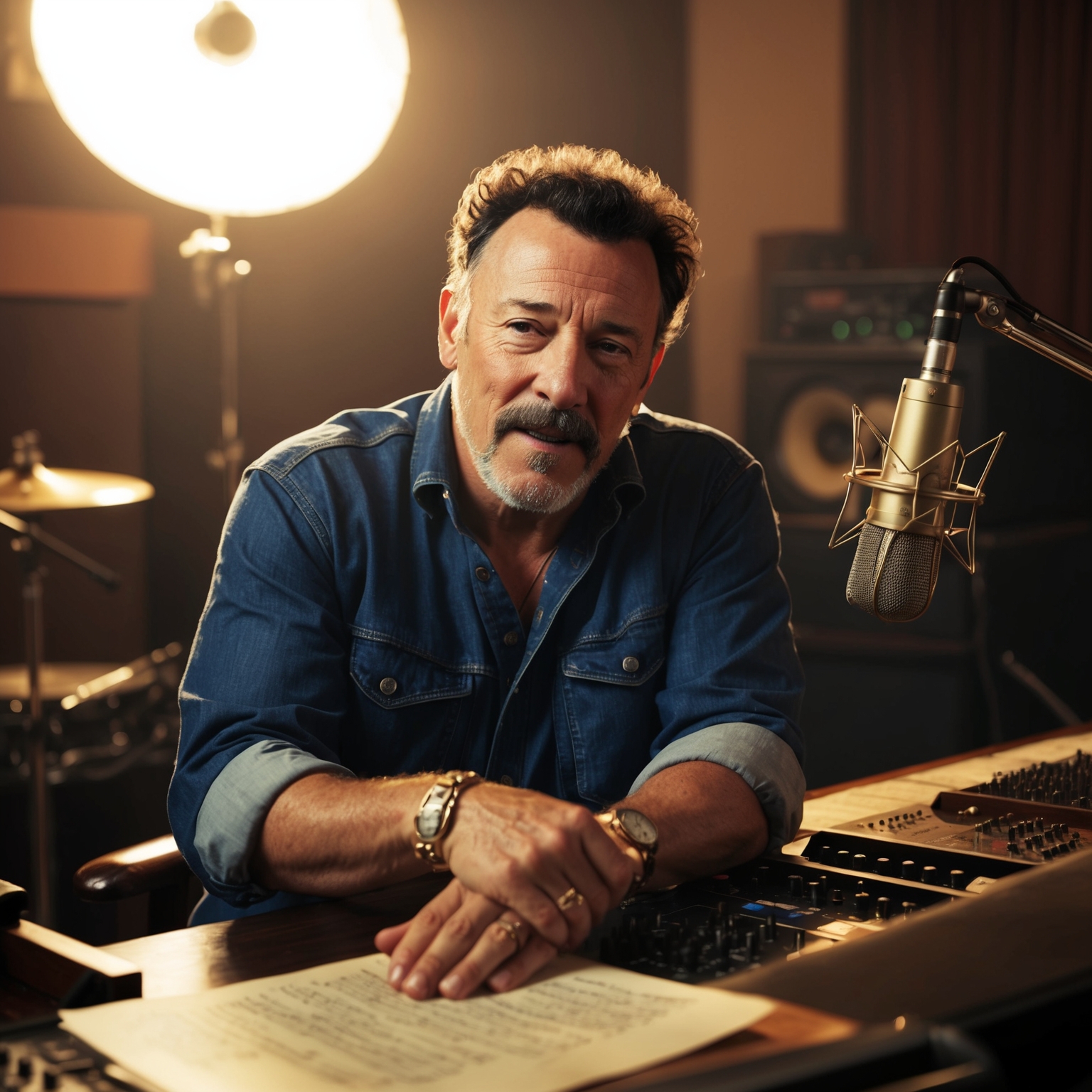 A thoughtful portrait of Bruce Springsteen in a recording studio, capturing his reflective and creative essence while composing 