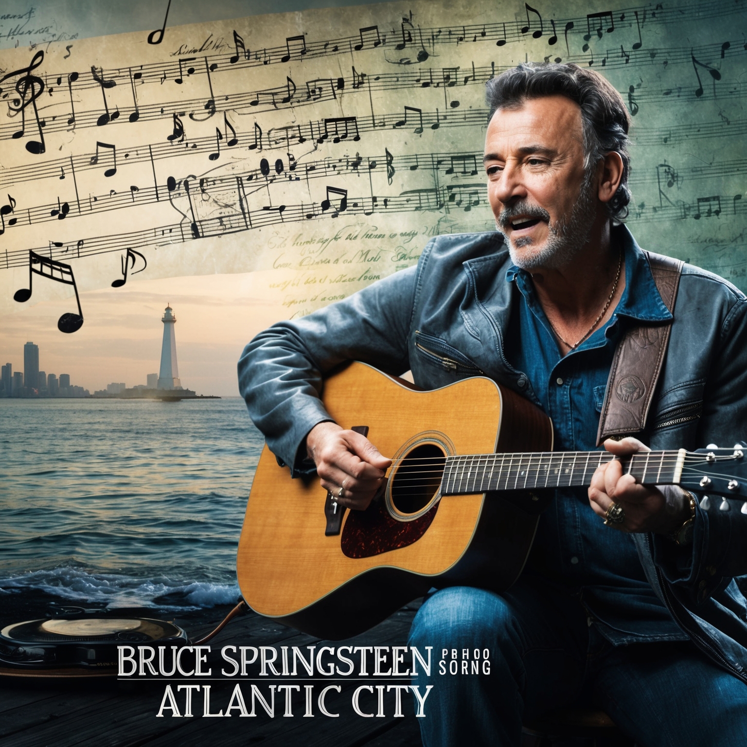 A scene capturing the essence of music storytelling, with elements reflecting Bruce Springsteen performing his song 