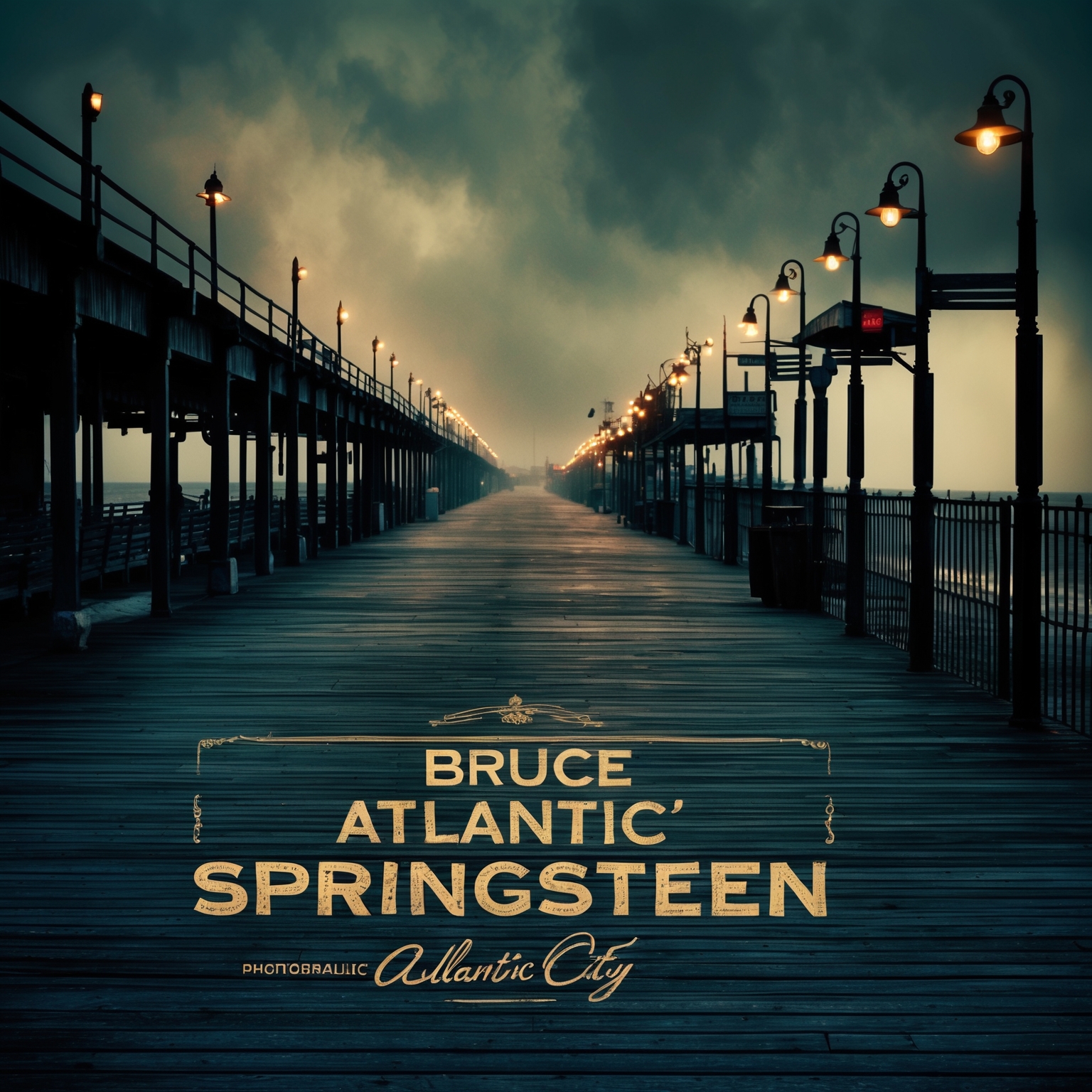 A vintage-style graphic depicting a moody, atmospheric Atlantic City boardwalk with dim streetlights and shadows, capturing the essence of Bruce Springsteen