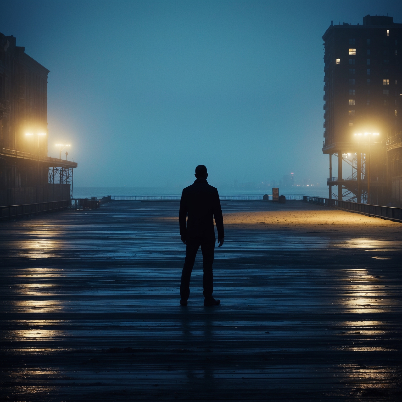 The image should depict a stark and gritty urban landscape, reminiscent of Atlantic City in the early 1980s. Nighttime glow from neon lights casts long shadows on a deserted boardwalk. A solitary figure stands, looking towards the vast ocean, embodying hope and resilience. The scene should evoke an atmosphere of melancholy and determination, symbolizing the song