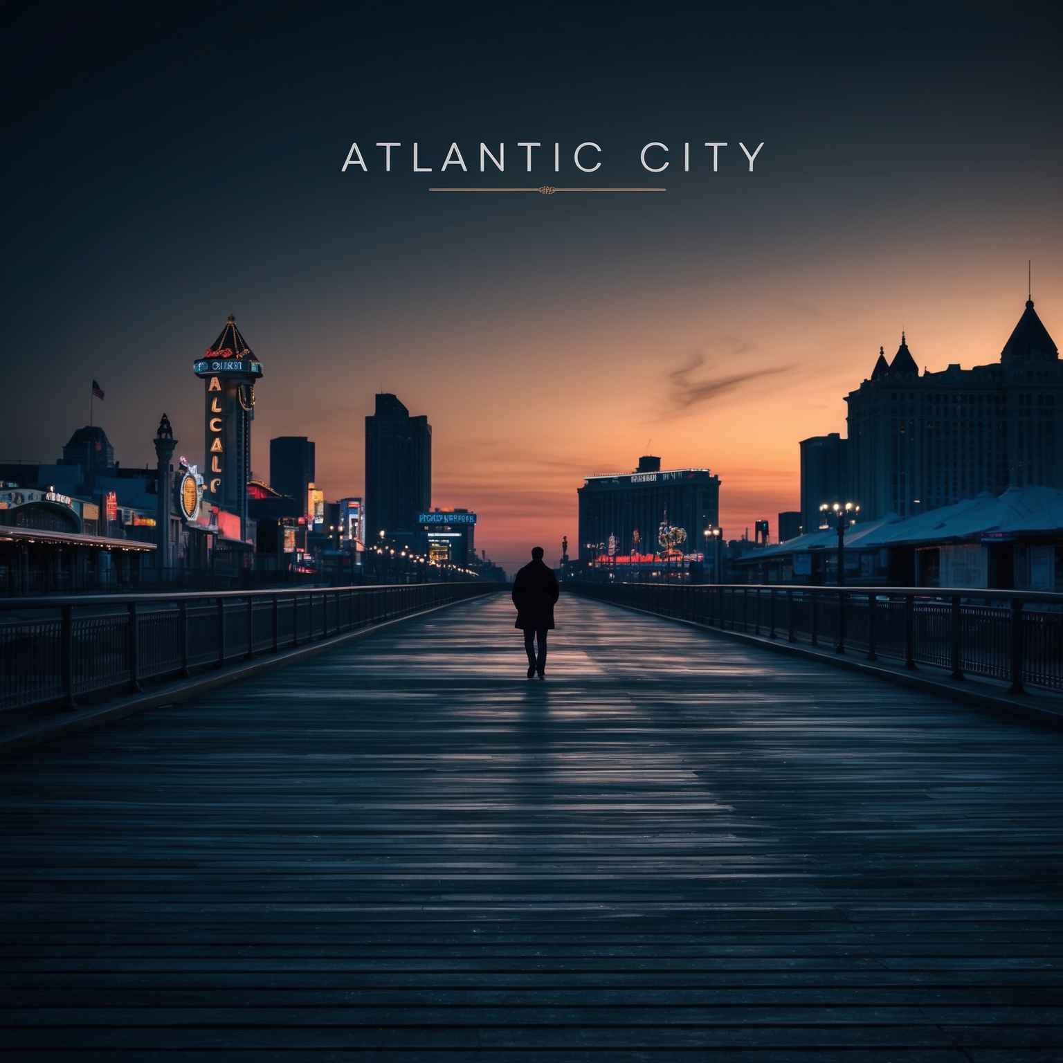 A somber and atmospheric depiction of Atlantic City, capturing the gritty elegance of the cityscape at dusk. The image should include iconic elements like the boardwalk, casinos, and perhaps the silhouette of a lone figure walking, creating a nostalgic yet eerie mood. This should evoke the themes of resilience and decay present in Bruce Springsteen