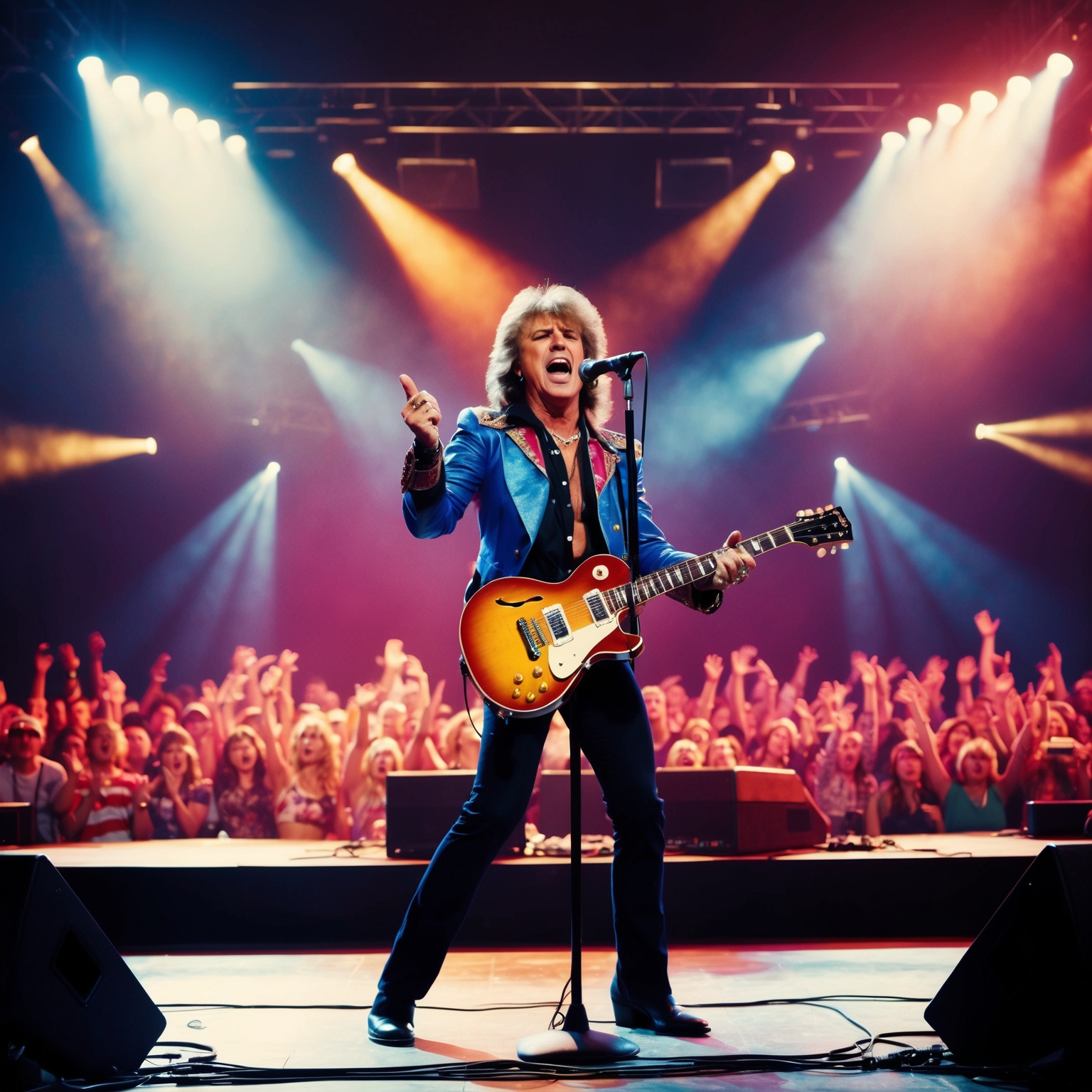 Create an image of a vibrant 1980s rock concert scene featuring a charismatic lead singer on stage with a captivated audience, embodying the energy and nostalgia of the era. Include elements such as electric guitars, spotlight effects, and an atmospheric setting reminiscent of classic rock concerts.