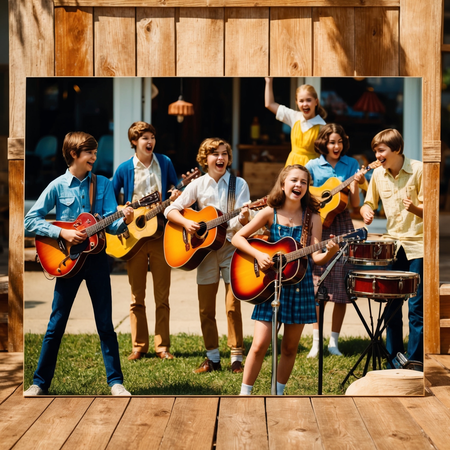 An evocative depiction of a sunlit, nostalgic summer scene from 1969. The scene includes a group of teenagers playing music with vintage instruments, exuding joy and carefree spirits. The background is reminiscent of a small town or suburban setting, with typical 