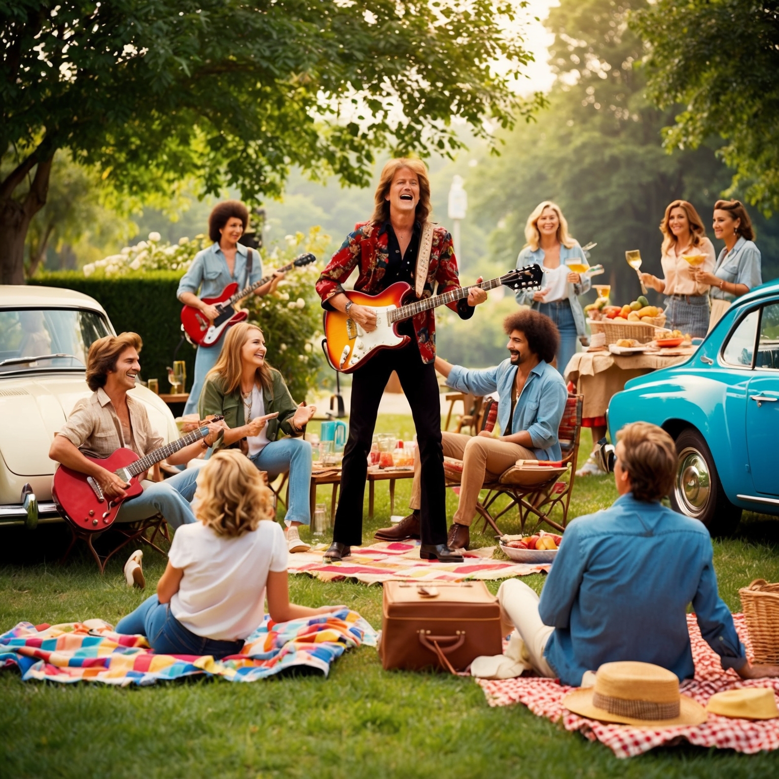 A nostalgic summer scene with a 1980s vibe, featuring a classic rock band performing outdoors. Surrounding them, groups of friends enjoy a carefree summer day with picnics and vintage cars. The atmosphere is warm and inviting, reflecting a sense of joyful nostalgia and vitality. The imagery should evoke the feel of a timeless summer reminiscence.