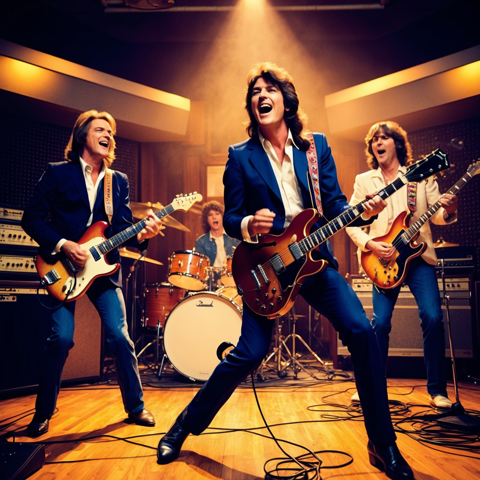 A vibrant depiction of a classic rock band performance in the 1980s, featuring electric guitars, dynamic drums, and a charismatic lead singer reminiscent of Bryan Adams, set in a recording studio environment with a backdrop of vintage sound equipment and a sense of energetic motion and nostalgia.