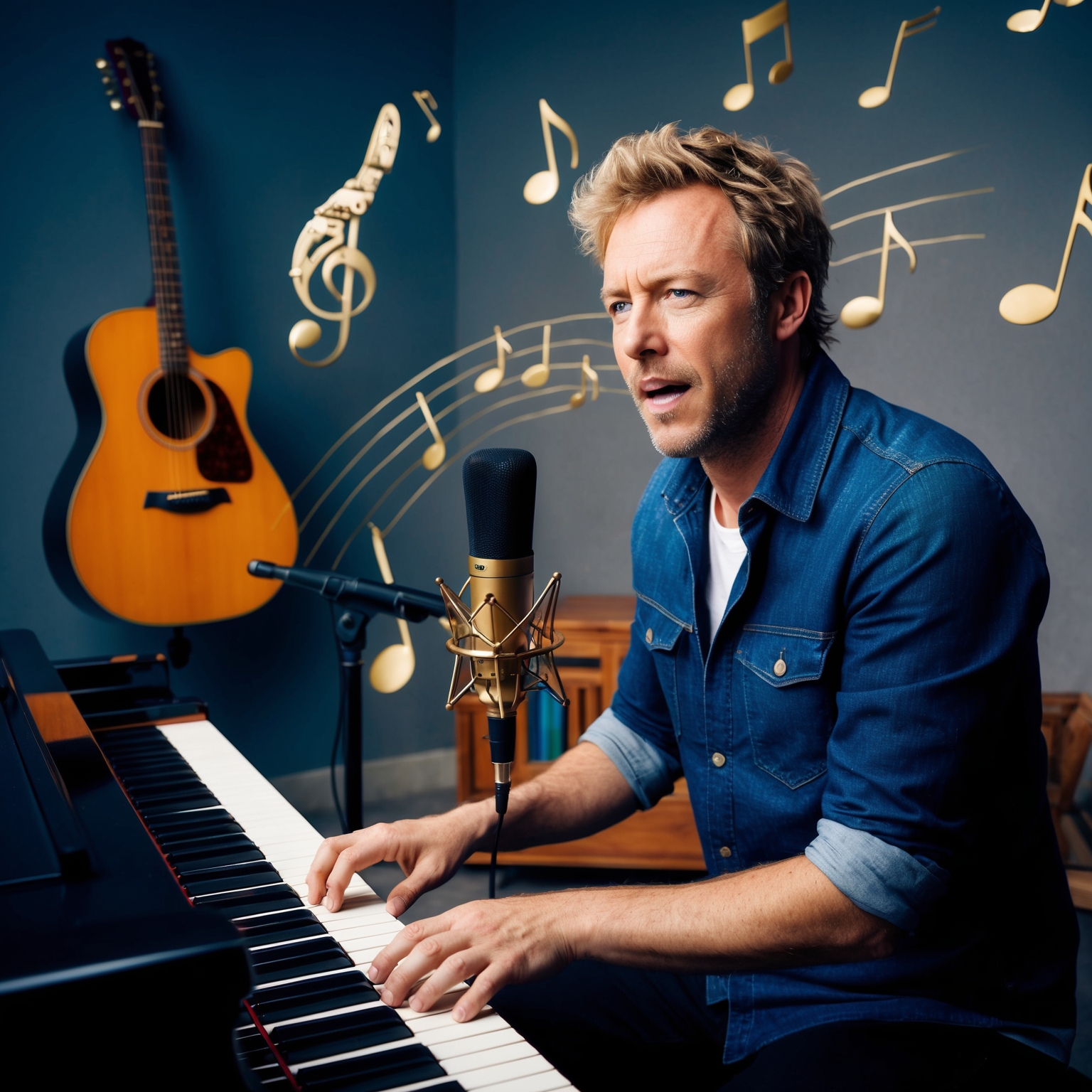 A portrait of Chris Martin, lead singer of Coldplay, at a piano, composing music with emotional intensity and creativity, set in a studio featuring a guitar and musical notes surrounding him, capturing the essence of his musical genius.