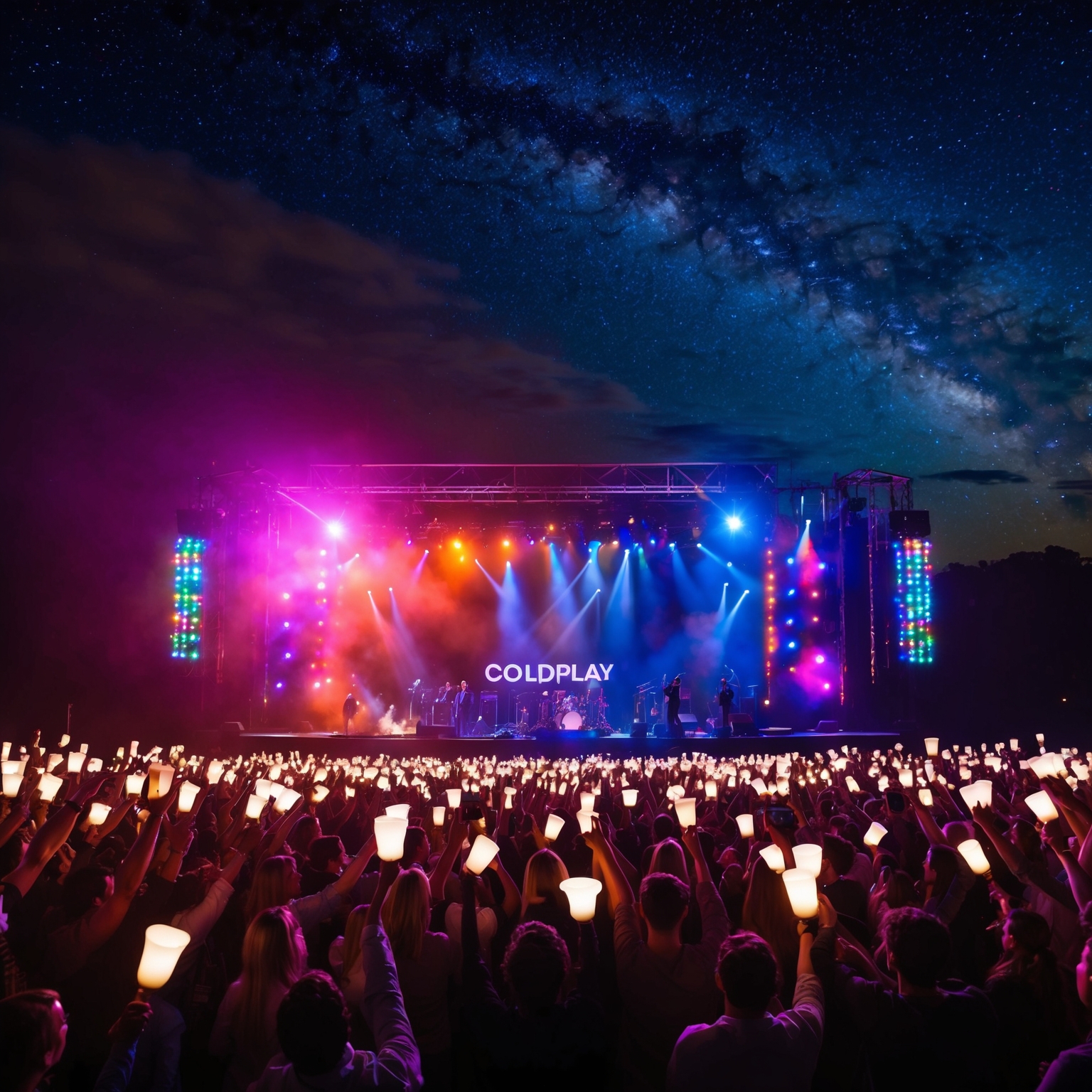 An artistic interpretation of a concert audience holding up lights during a Coldplay performance, with a night sky filled with stars as a backdrop. The stage is vibrant and glowing with colorful lights.