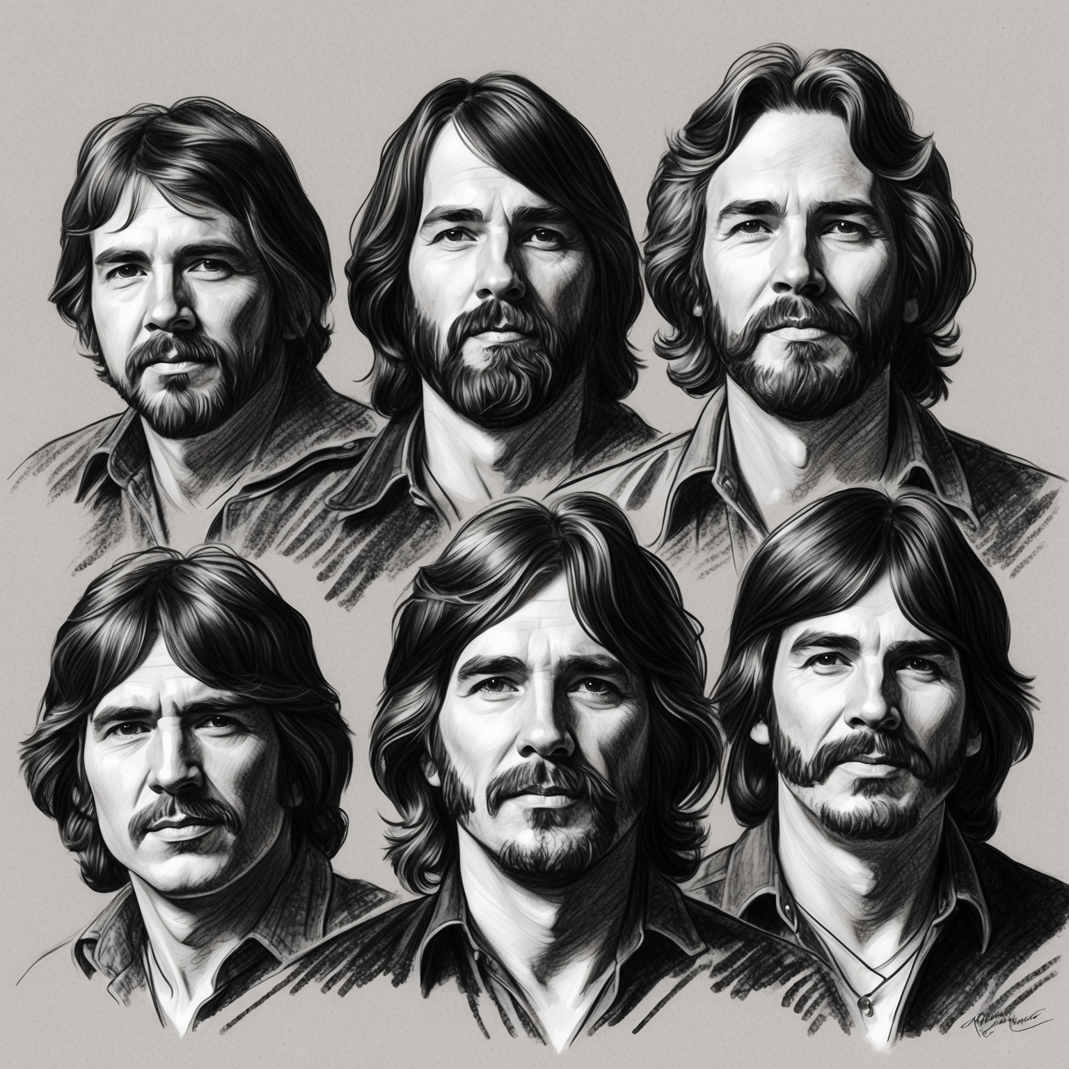 Create a stylistic black and white charcoal drawing of Creedence Clearwater Revival, capturing the essence of a half-finished portrait with a focus on the band