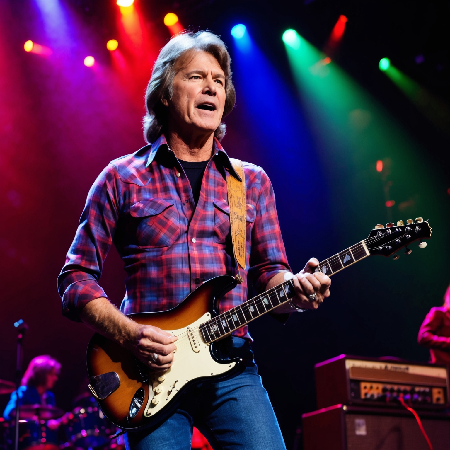 Create an image of John Fogerty, performing live on stage in the 1970s, with his iconic plaid shirt, playing a guitar. Incorporate a background reflecting a lively concert atmosphere with colorful stage lights to capture his musical essence and energy. The image should evoke a sense of nostalgia, celebrating the vibrant era of classic rock.