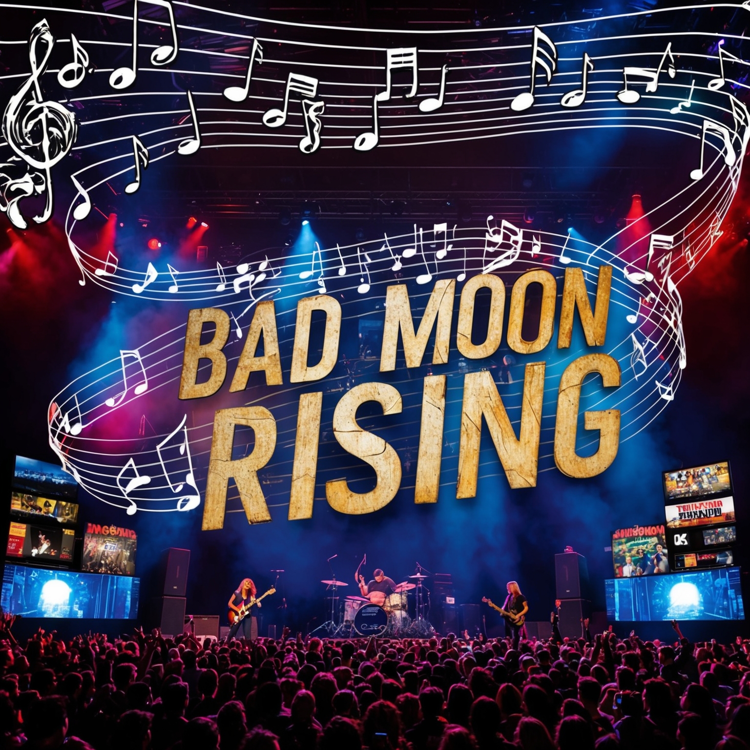 A classic rock concert setting with a hint of nostalgia, featuring musical notes swirling through the air, symbolizing the widespread influence of 