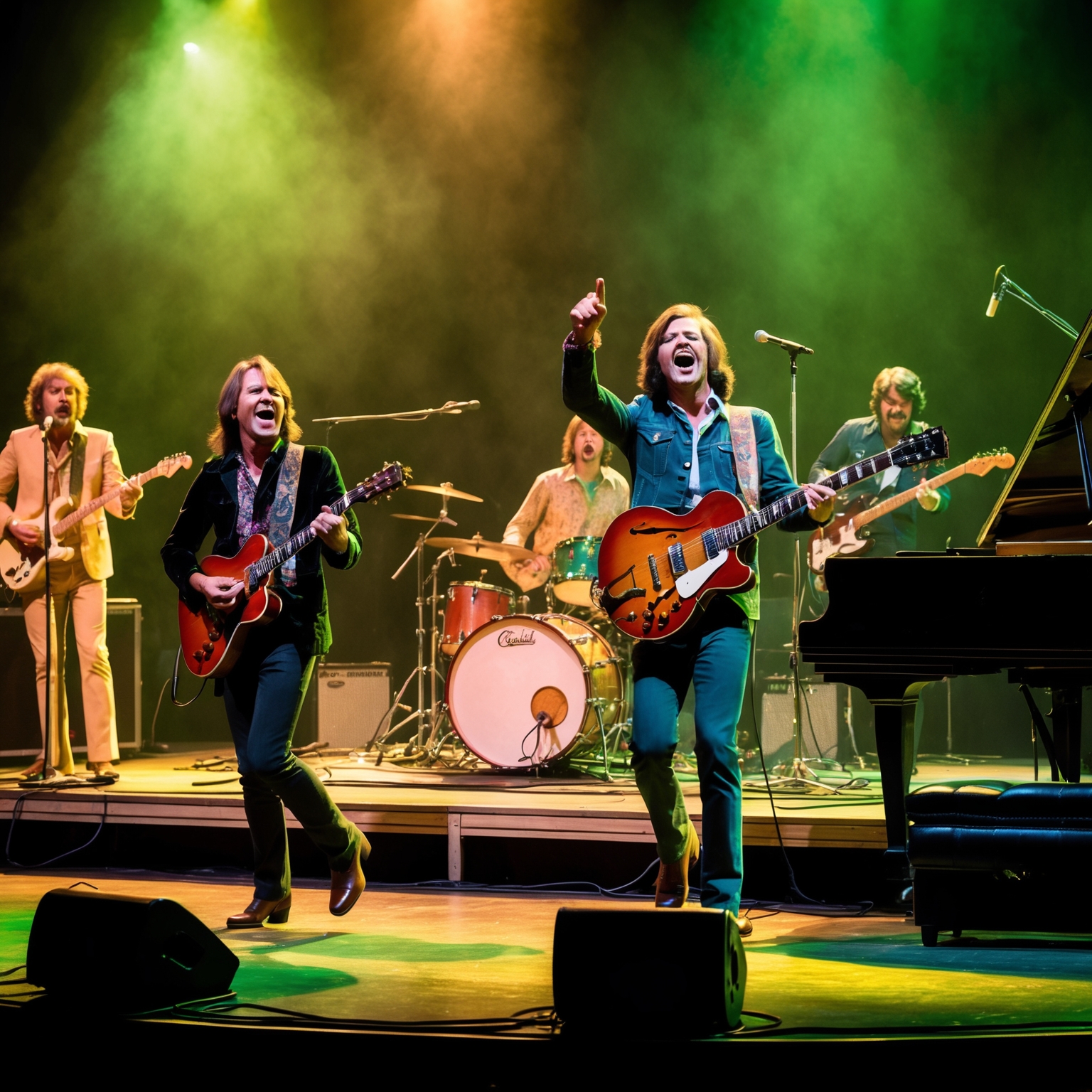 Create an image of a lively rock performance reminiscent of the late 1960s, featuring a band playing with guitars, drums, and a piano on a dimly lit stage. Capture the essence of a vintage music scene, evoking the energetic and iconic atmosphere of a Creedence Clearwater Revival concert.