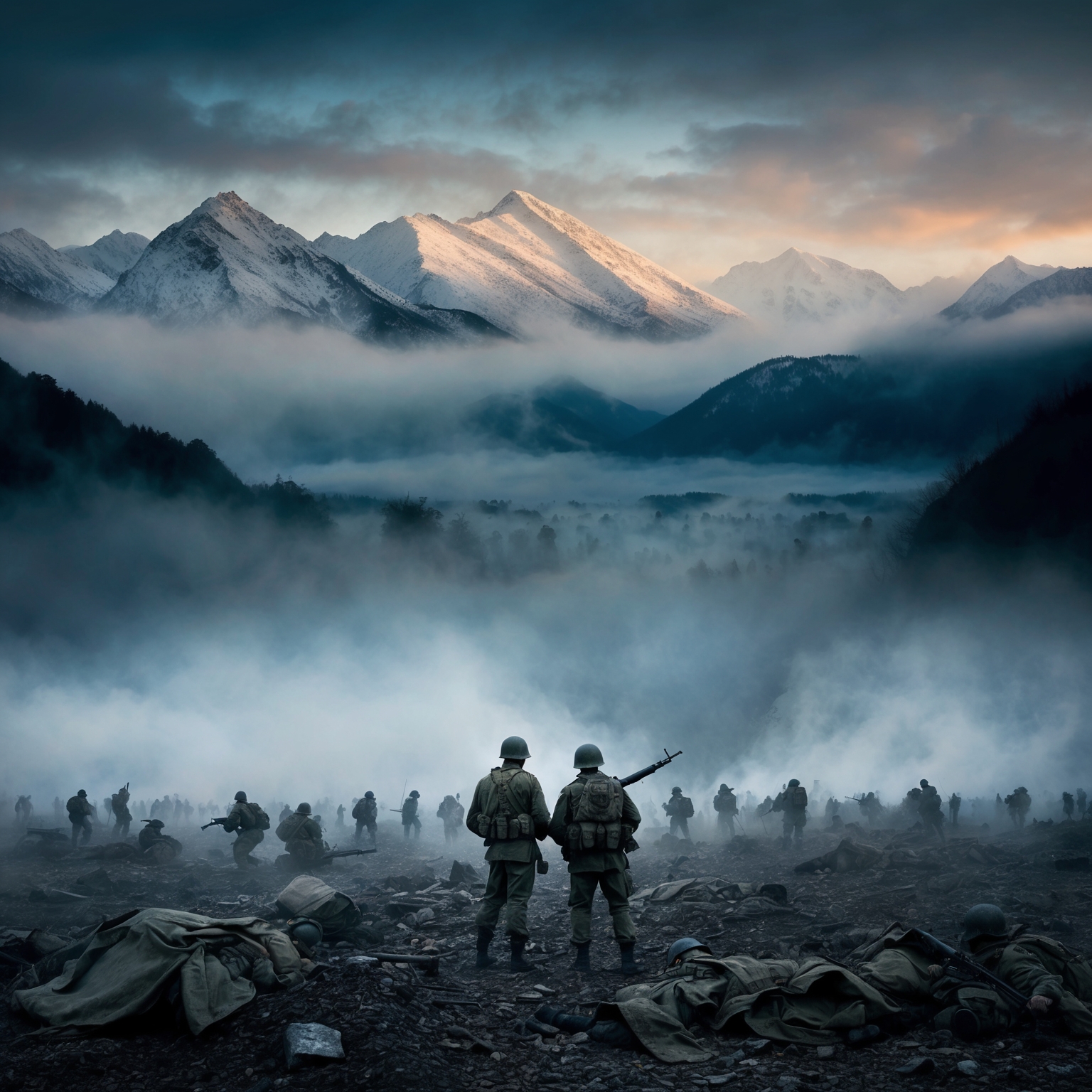 Create an evocative image depicting misty mountains juxtaposed with a somber battlefield, emphasizing themes of conflict and redemption. Reflect the contrast between natural beauty and human struggles, capturing the essence of brotherhood in times of destructive war, inspired by the lyrics of Dire Straits