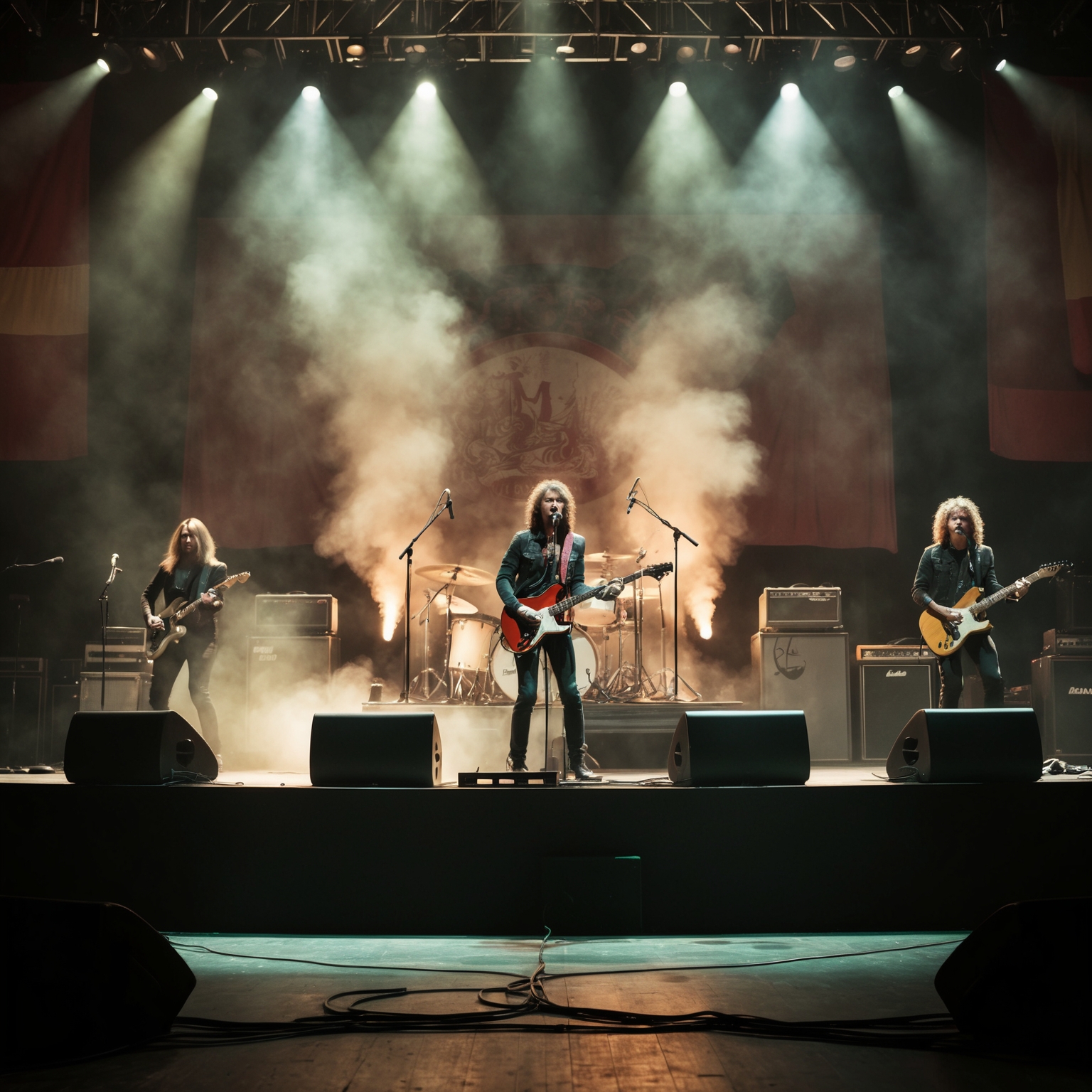 Create a cinematic scene depicting a live rock performance in an atmospheric setting, featuring musicians playing under dramatic lighting and ethereal fog effects, inspired by 1980s rock concerts. The stage should convey a nostalgic and emotional mood. The backdrop should subtly suggest themes of unity and conflict, drawing from historical imagery.