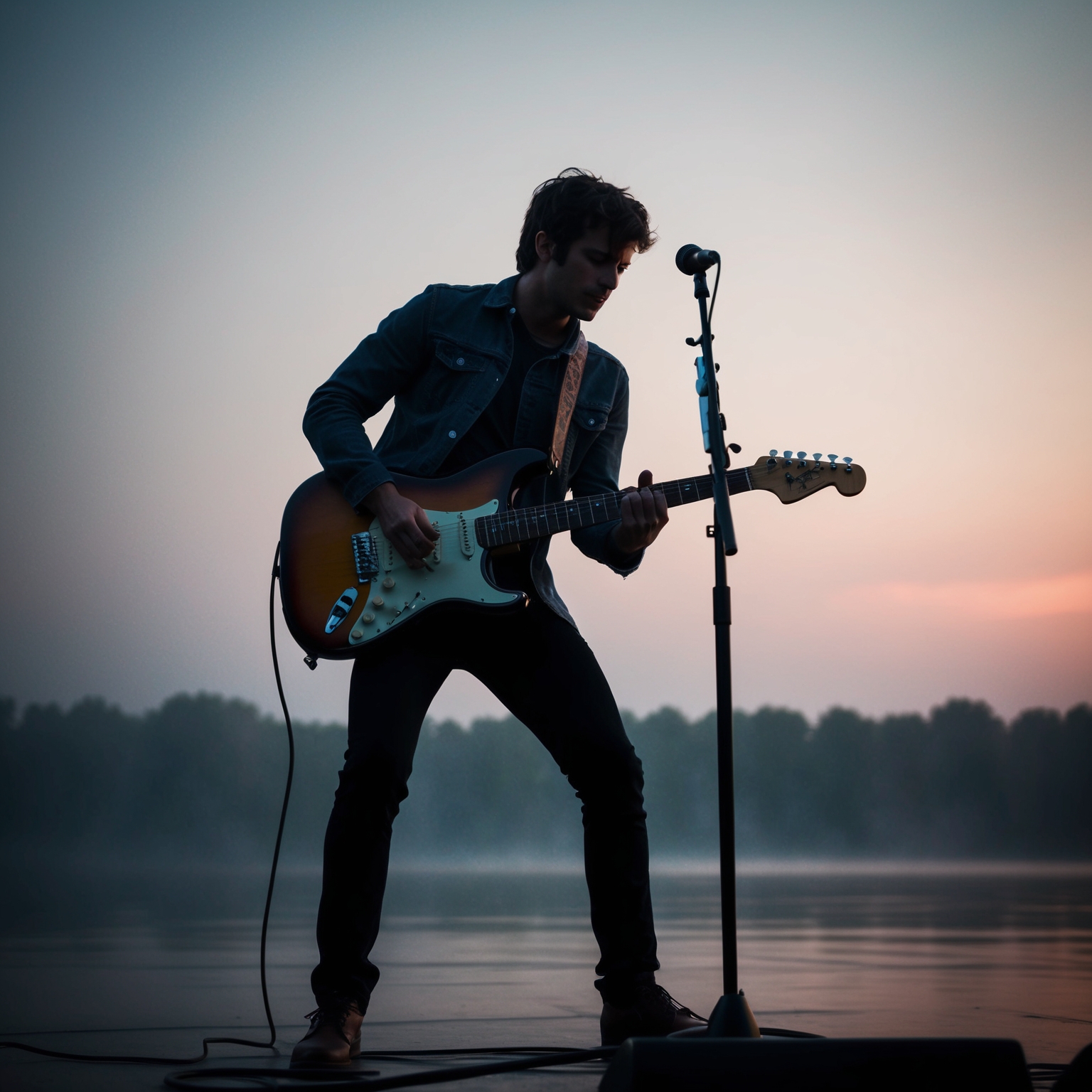 Create an image portraying a solo electric guitarist with a Fender Stratocaster performing on a serene, evening-lit stage. Include atmospheric elements like dim lighting and soft, misty textures to capture the haunting, introspective mood of the song 