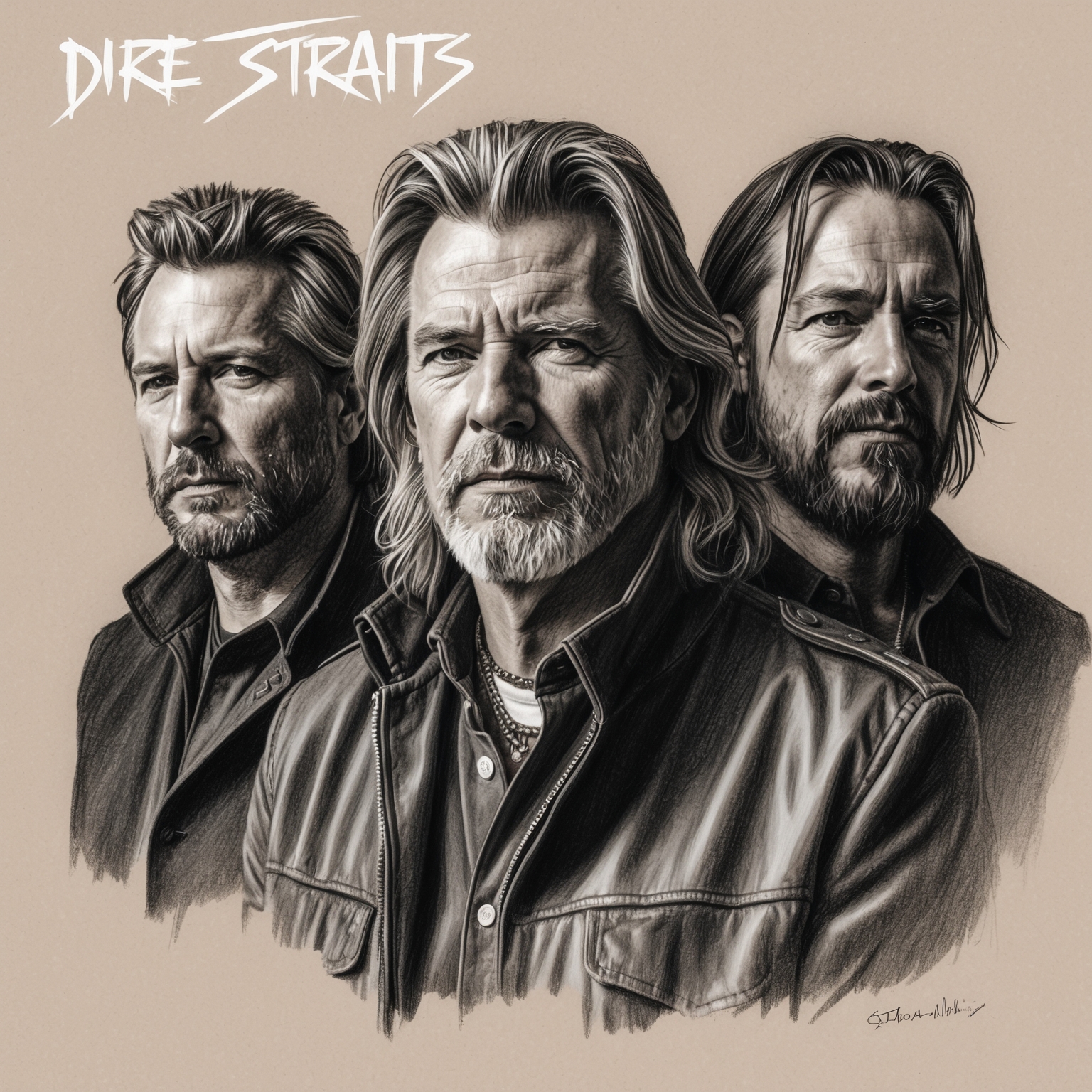 Create a charcoal, stylistic drawing of the band Dire Straits or its members. Focus on a black and white charcoal portrait with a half-finished feel, capturing the essence of their groundbreaking sound and style. The portrait should reflect the band