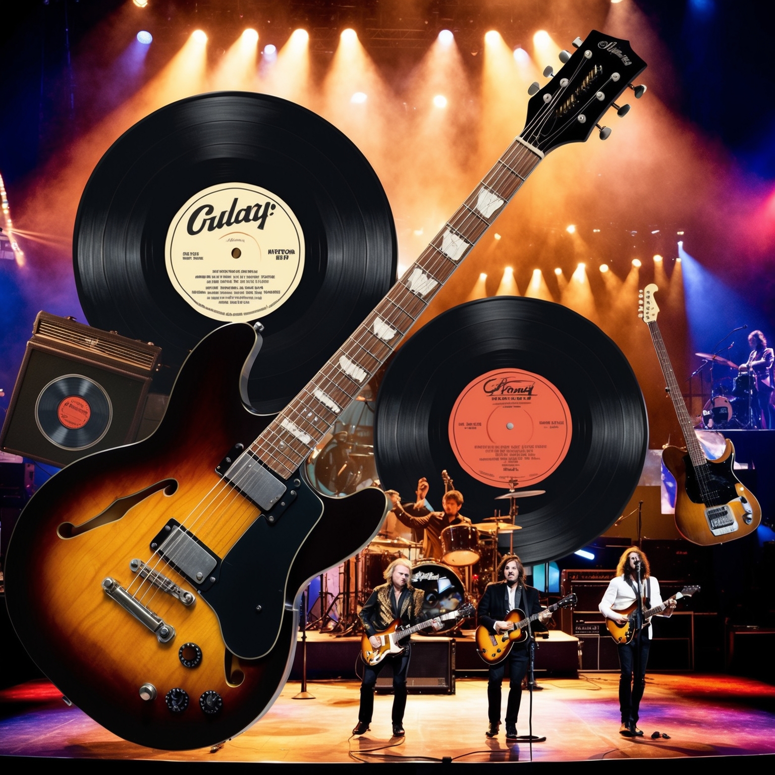 A collage showcasing a classic guitar riff with vintage vinyl records and a lively concert stage reflecting a retro rock atmosphere. Include subtle musical notes and optional depictions of diverse artists performing to highlight the song