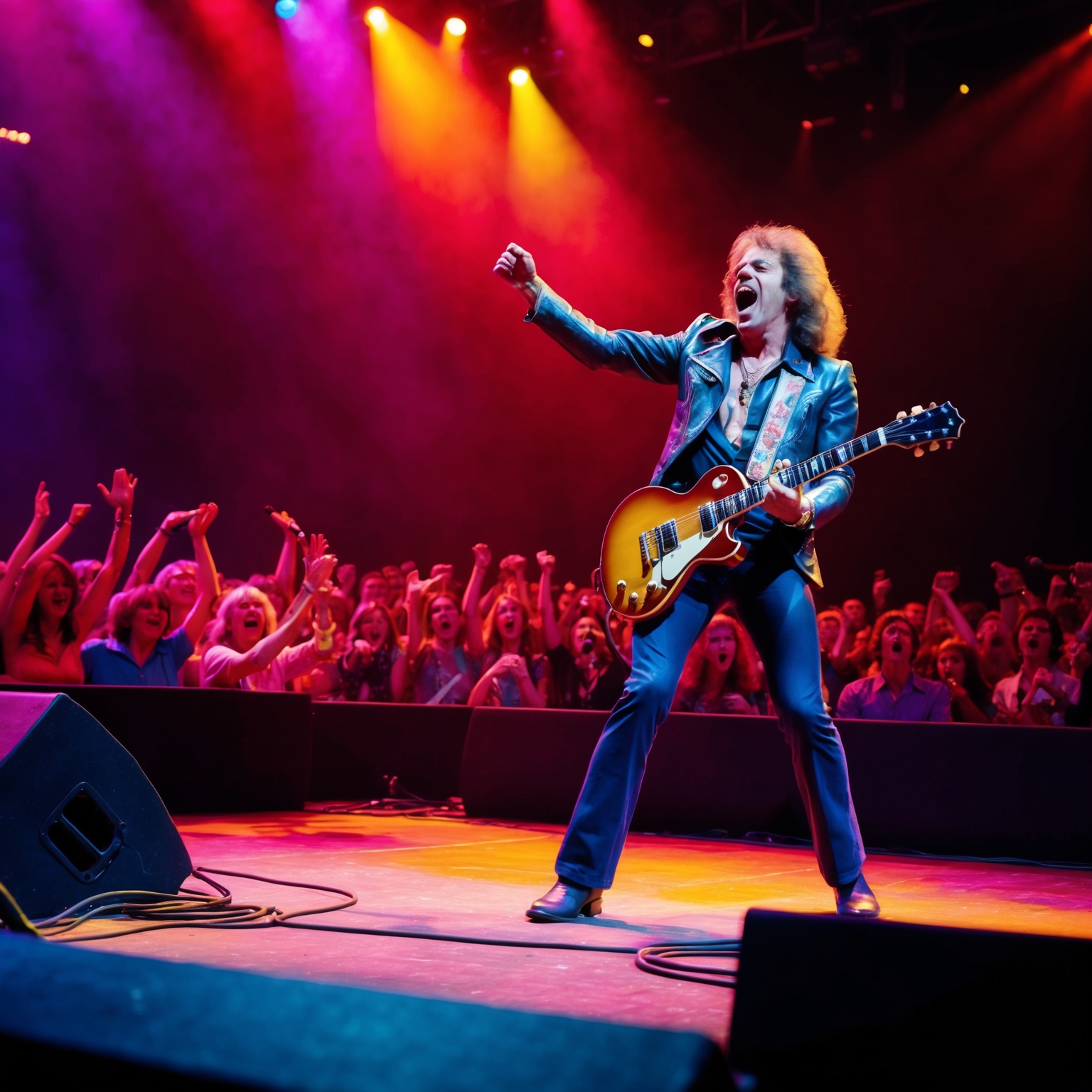 Create an image capturing the vibrant and energetic atmosphere of a 1978 rock concert, with a focus on a lead guitarist passionately performing under colorful stage lights. The audience is engaged and excited, reflecting the era