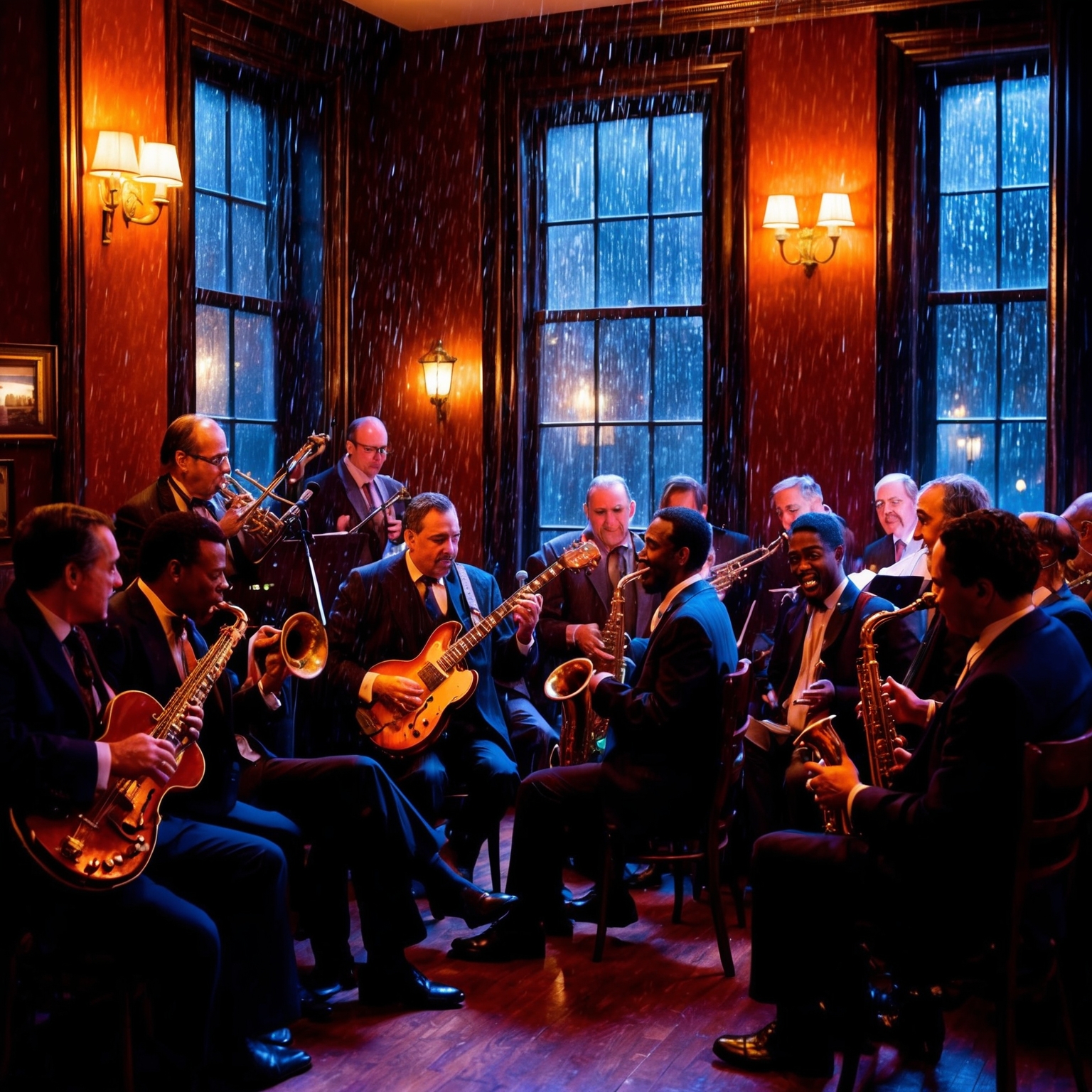 An evocative painting of a charming, dimly-lit jazz club scene in London, with a band playing passionately. The audience is small yet engaged, immersed in the music. Rain splashes against the windows, and there is a feeling of warmth and nostalgia emanating from the scene.