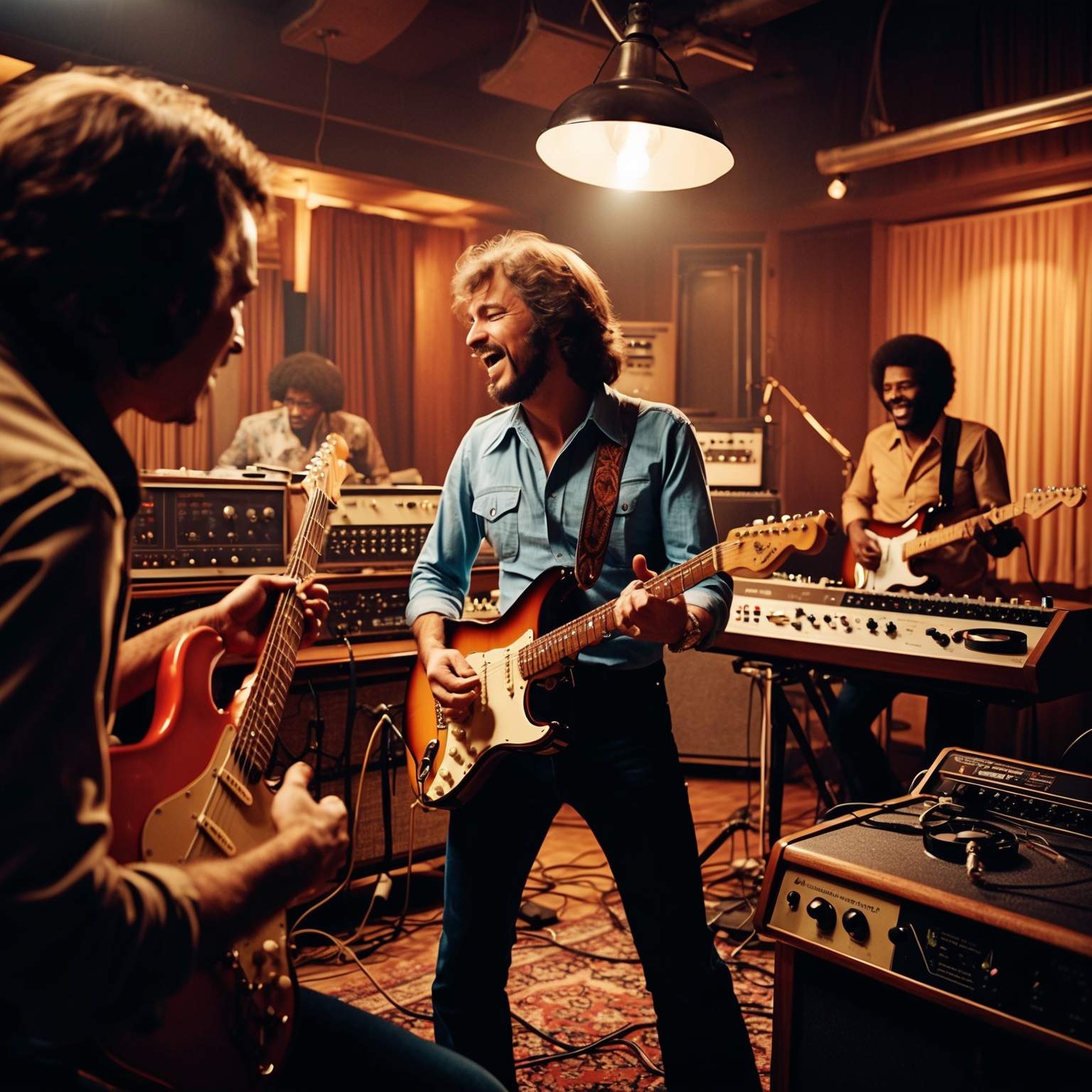 An intricate, dynamic visual of a lively recording studio in the late 1970s. Capture musicians playing guitar with transparent passion, retro-style recording equipment, and a hint of a vintage vibe. Emphasize a lead guitarist, spotlighted, using a distinctive Fender Stratocaster. The setting should exude an atmosphere of creativity, musical exploration, and genuine expression.