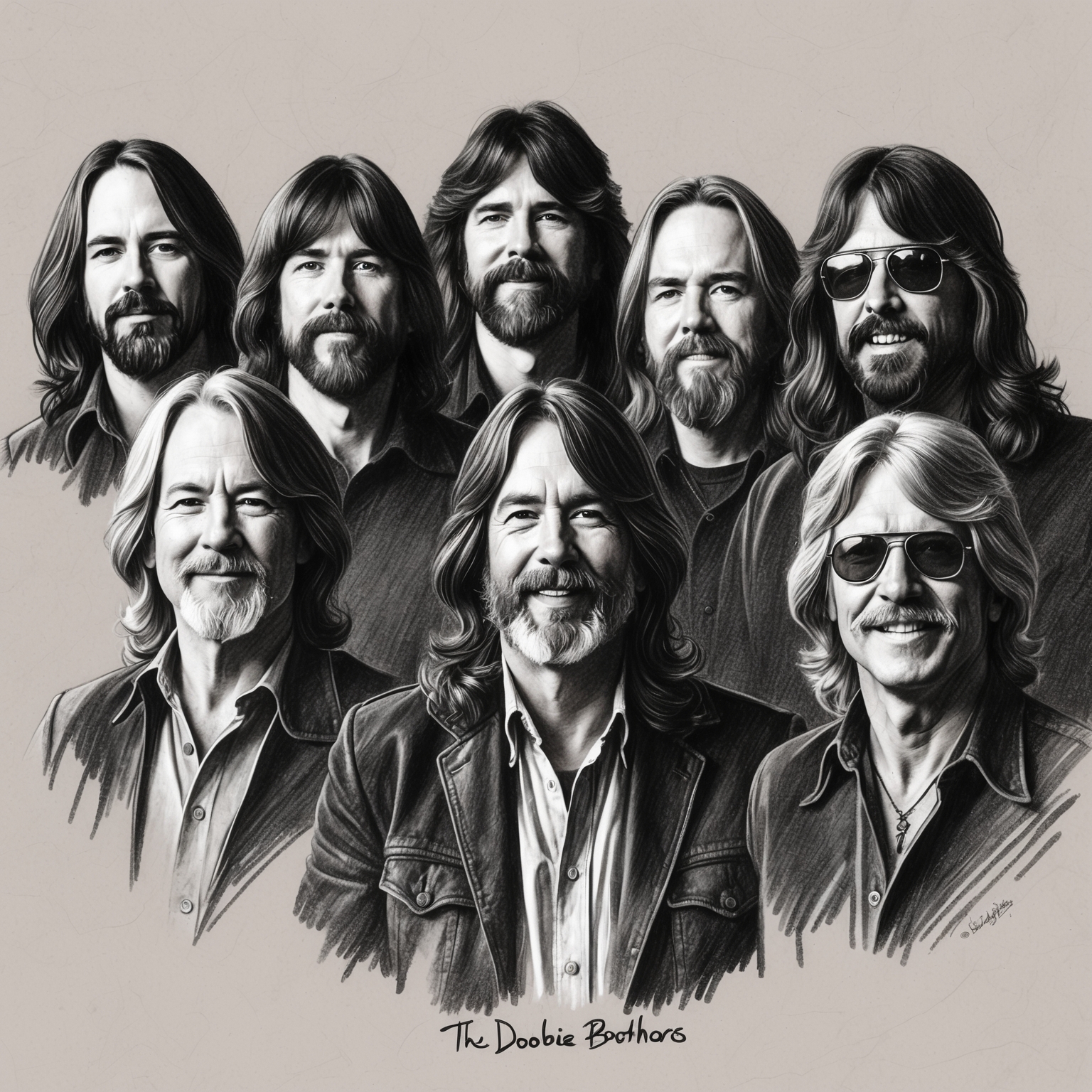 Create a charcoal, stylistic drawing of The Doobie Brothers, showing the band in a black and white charcoal portrait with a half-finished feel. Emphasize their ’70s era look, capturing their essence as a rock band from that transformative music period.