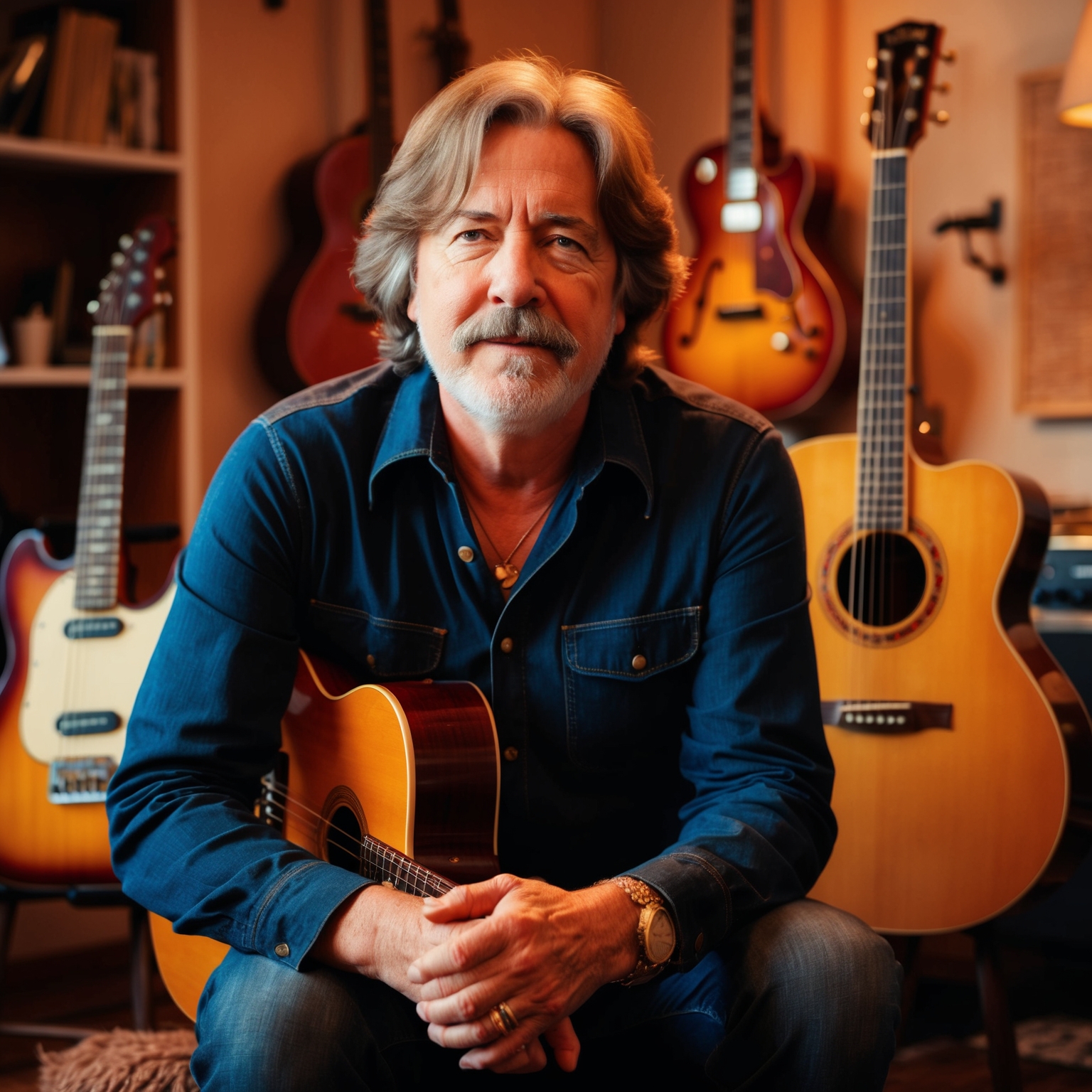 An artistic portrayal of Tom Johnston in a cozy home studio setting, surrounded by vintage guitars, capturing his creative spirit as the lead guitarist and composer of classic hits. The warm lighting emphasizes his thoughtful expression and musical passion, with subtle hints of 1970s decor.