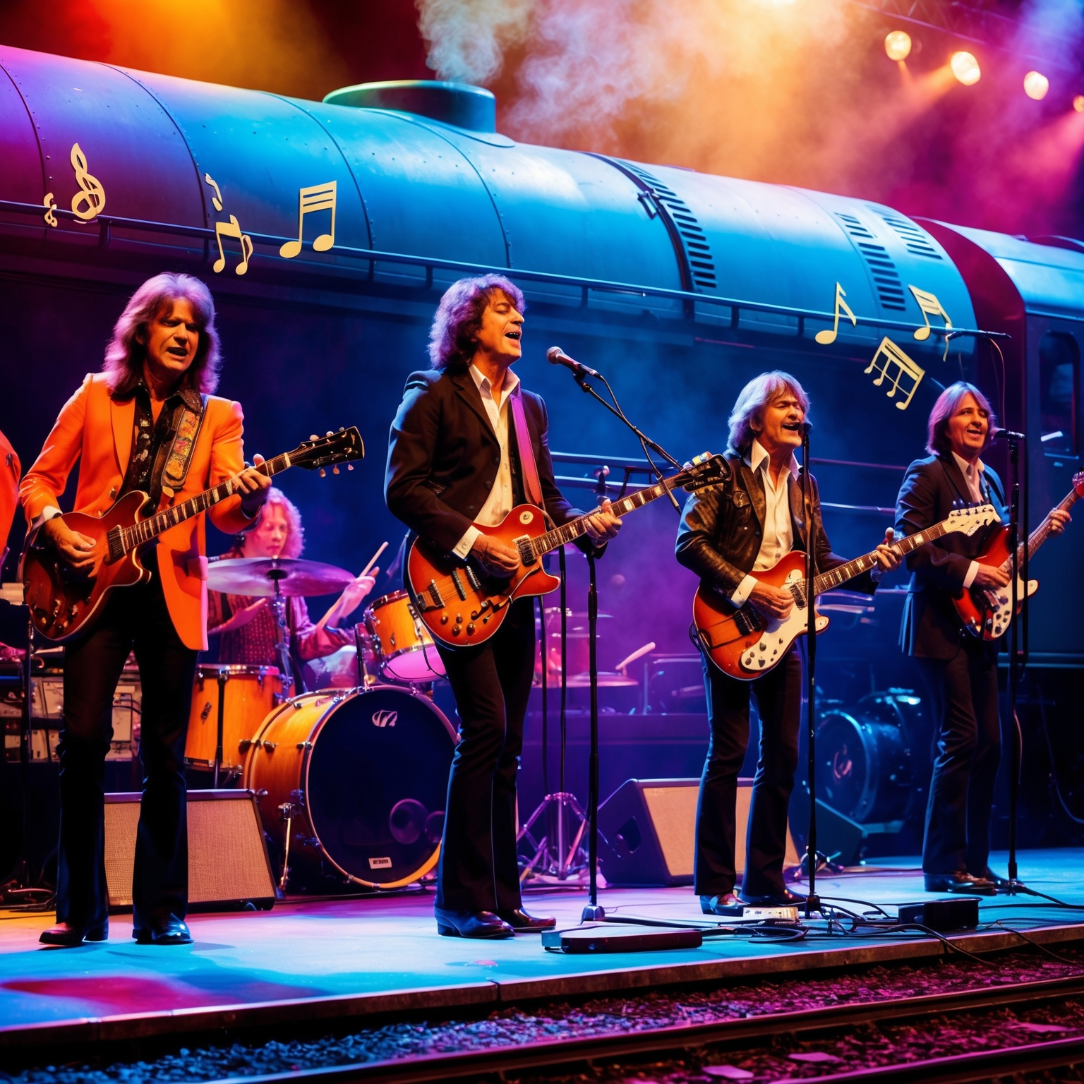 A vibrant and dynamic digital art piece capturing a classic rock band performing on stage, with a focus on tight instrumentation and harmonies. The artwork should evoke a sense of movement and rhythm, reminiscent of a train journey, incorporating elements like musical notes blending with train imagery. The scene should be energetic, portraying musicians in a lively setting with colorful lights and an engaged audience, reflecting the aura of a live rock performance in the 1970s.