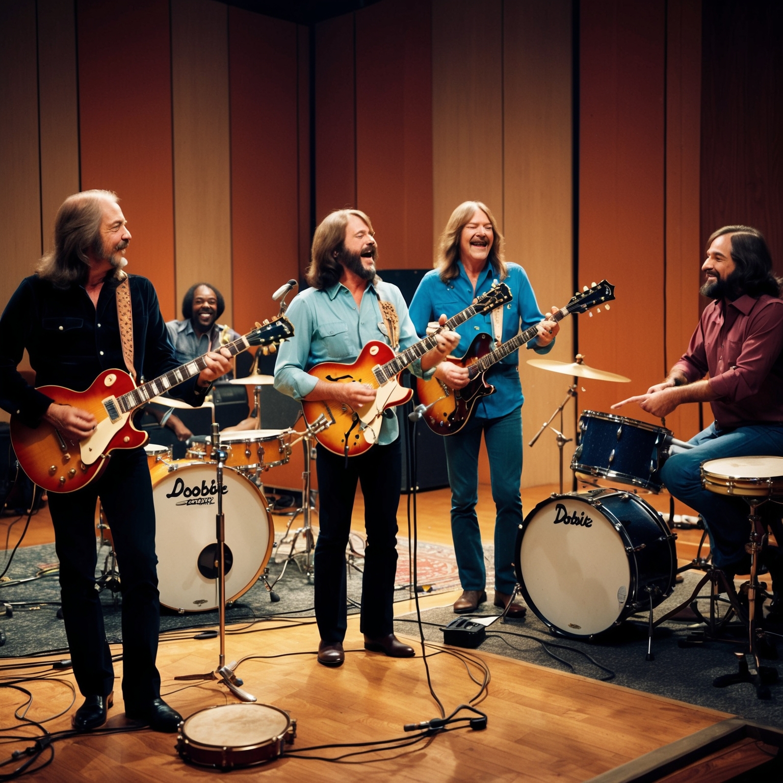 Create an image depicting the Doobie Brothers in a recording studio during the 1970s. Show instruments like electric guitars, drums, and a tambourine, with band members appearing engaged in a vibrant recording session. Capture a sense of creative spontaneity and musical collaboration.