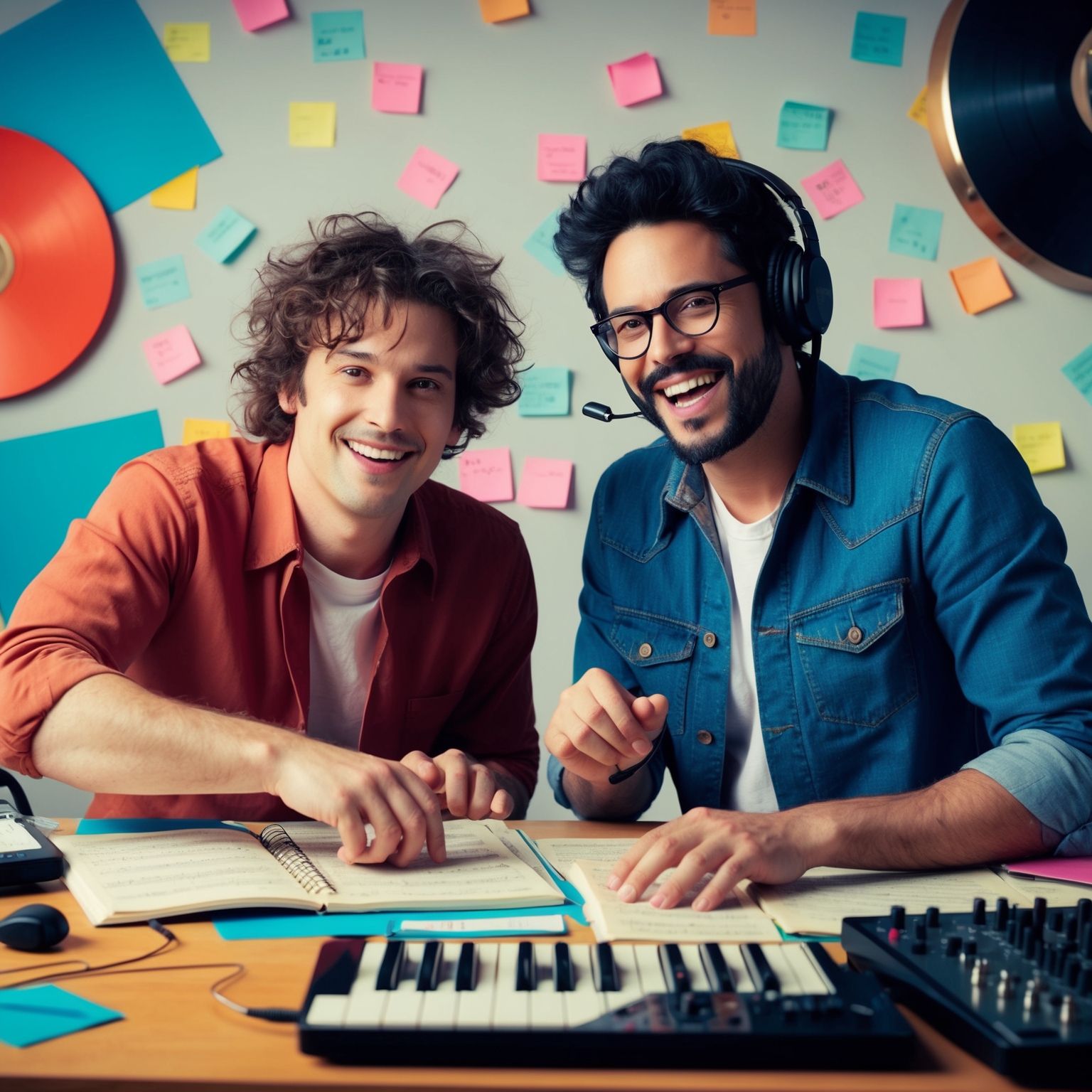 Depict a dynamic duo in a collaborative composition process, surrounded by musical notes and instruments. Include a lively, 1970s pop music vibe with an energetic, creative atmosphere.