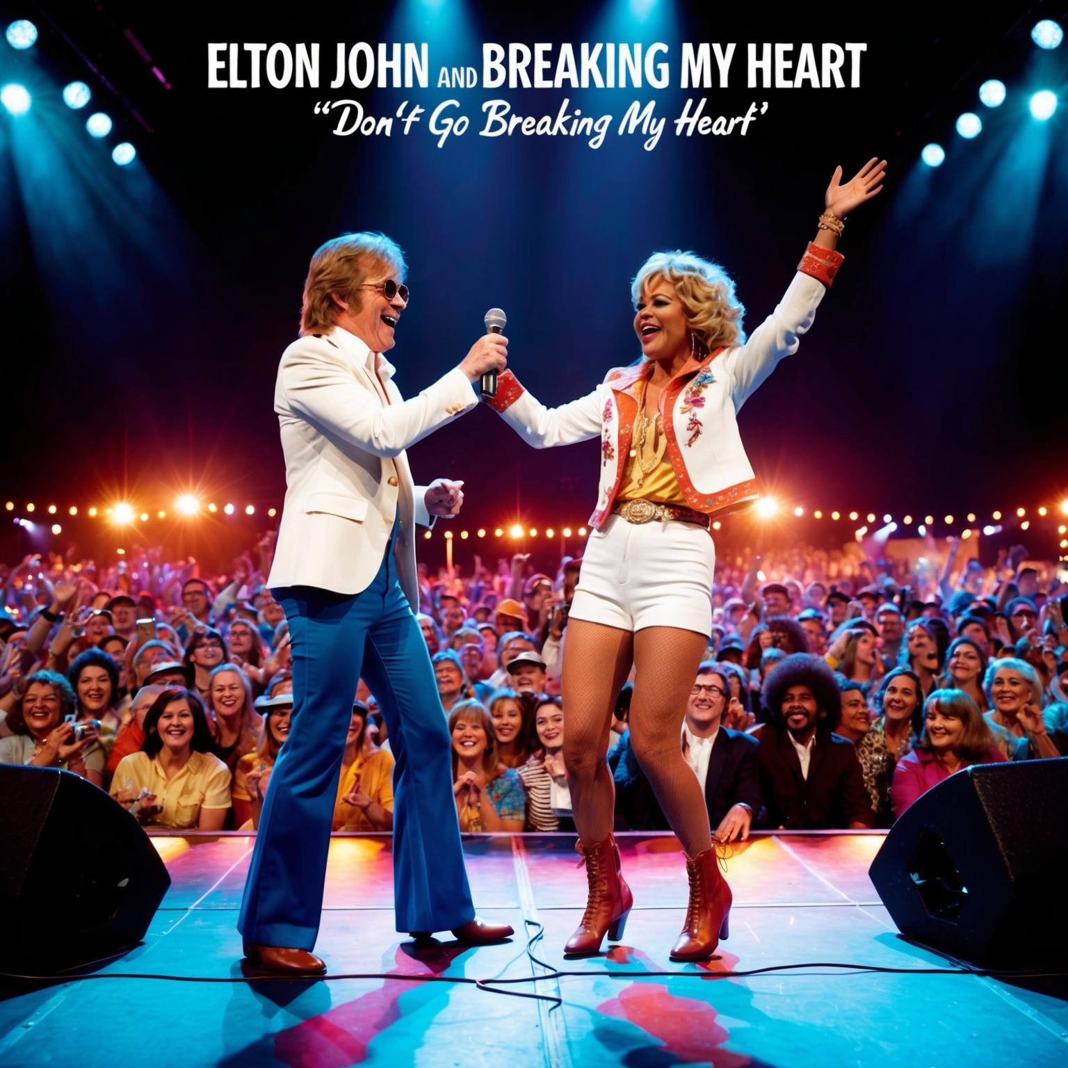 A vibrant and energetic music festival scene with a retro vibe from the 1970s showcasing a crowd enjoying a lively duet performance on stage, capturing the essence of Elton John and Kiki Dee