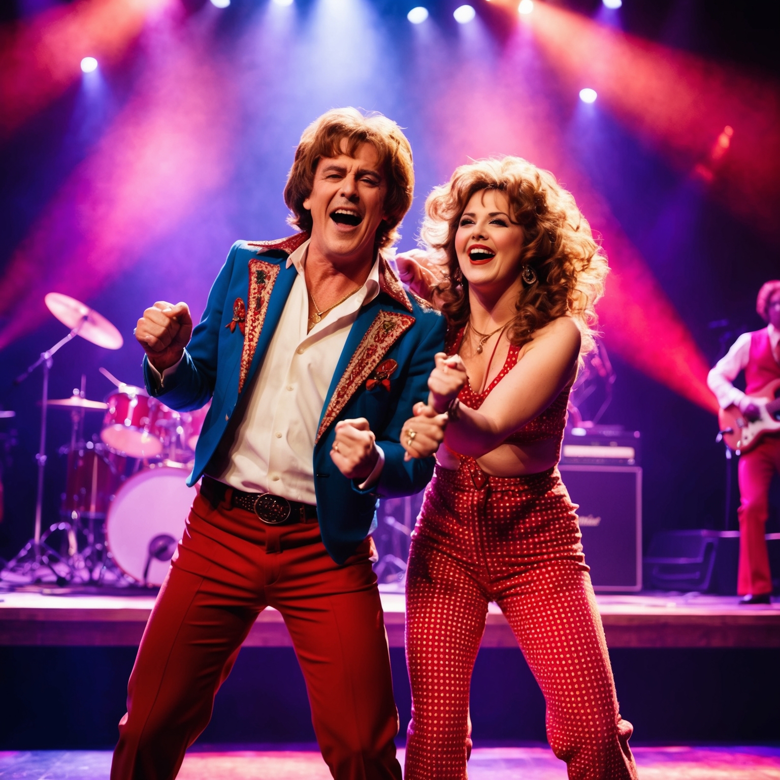 An energetic live performance scene featuring a charismatic male and female duet, reminiscent of the 1970s vibrant style, with a nostalgic and playful atmosphere.