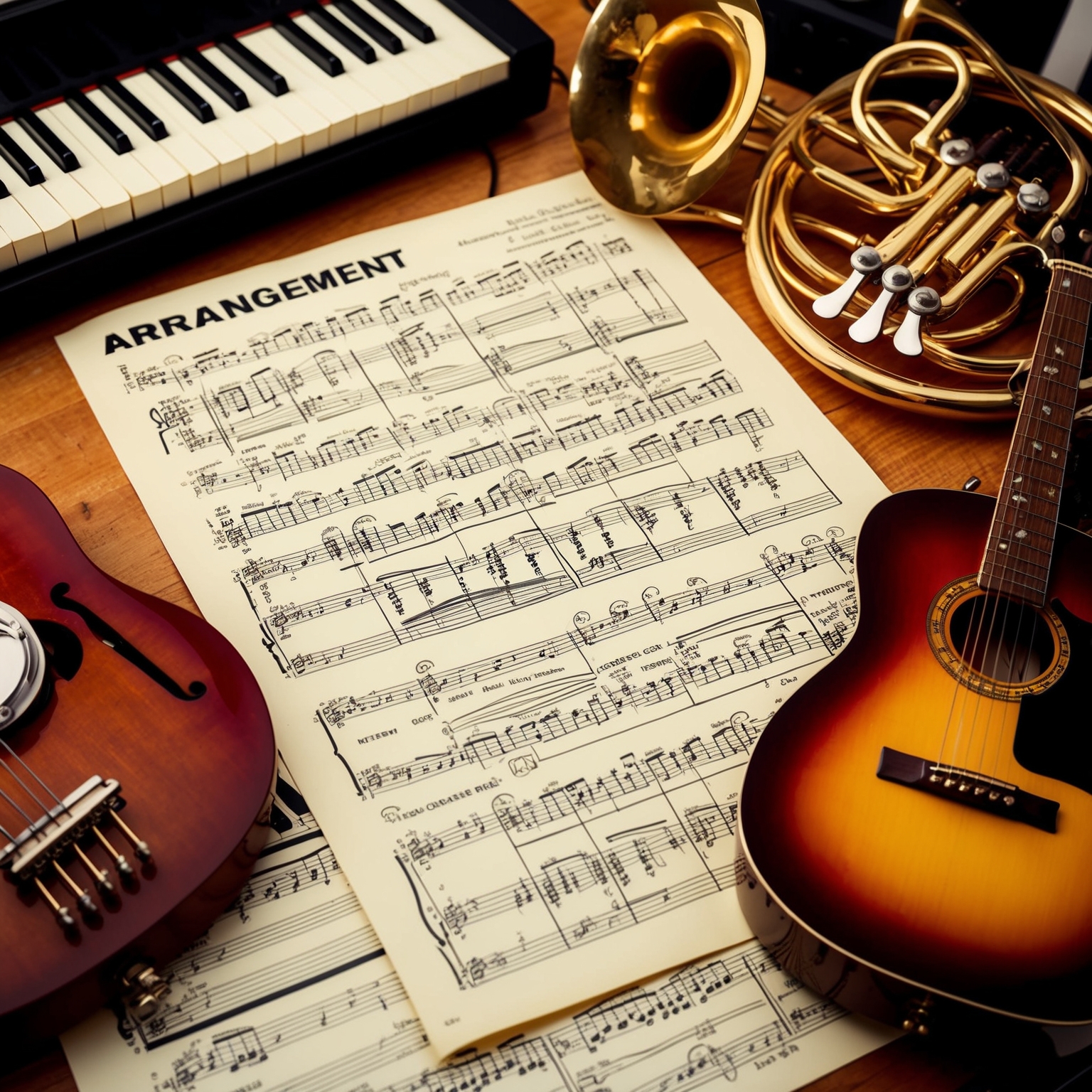 A musical arrangement sheet and instruments like piano, guitar, and brass, in a vintage recording studio setting. Capture the 1970s pop vibe with bright tones and energetic ambiance.