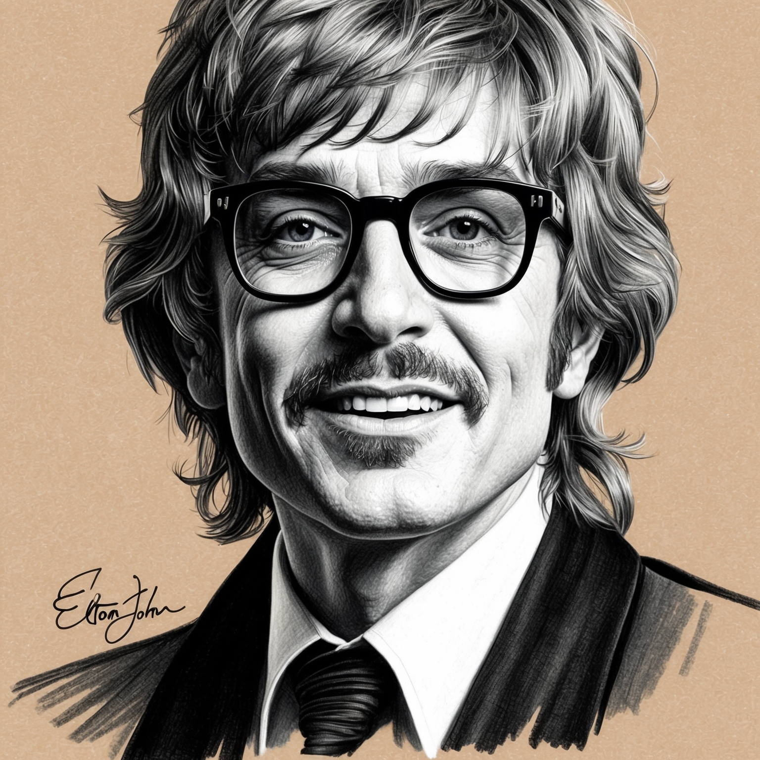 A black and white charcoal, stylistic drawing of Elton John, capturing his expressive personality with a half-finished feel. The portrait should exude a sense of elegance, highlighting his iconic glasses and flamboyant presence.