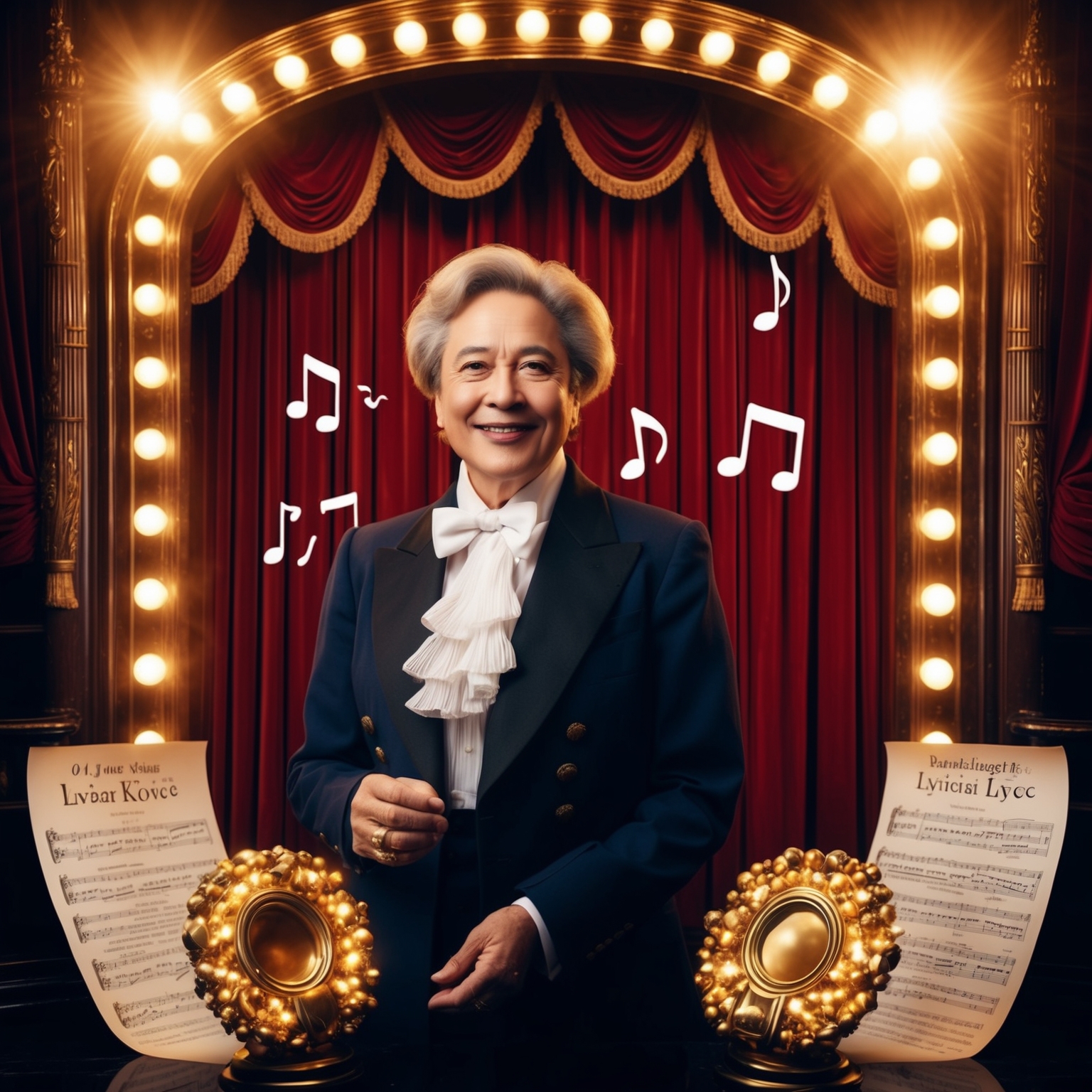 A portrait of a renowned lyricist in a classic British theater setting, showcasing elements like stage curtains, musical notes, and a sense of classic elegance. The person is surrounded by glowing accolades and musical scripts, emphasizing creativity and narrative genius.