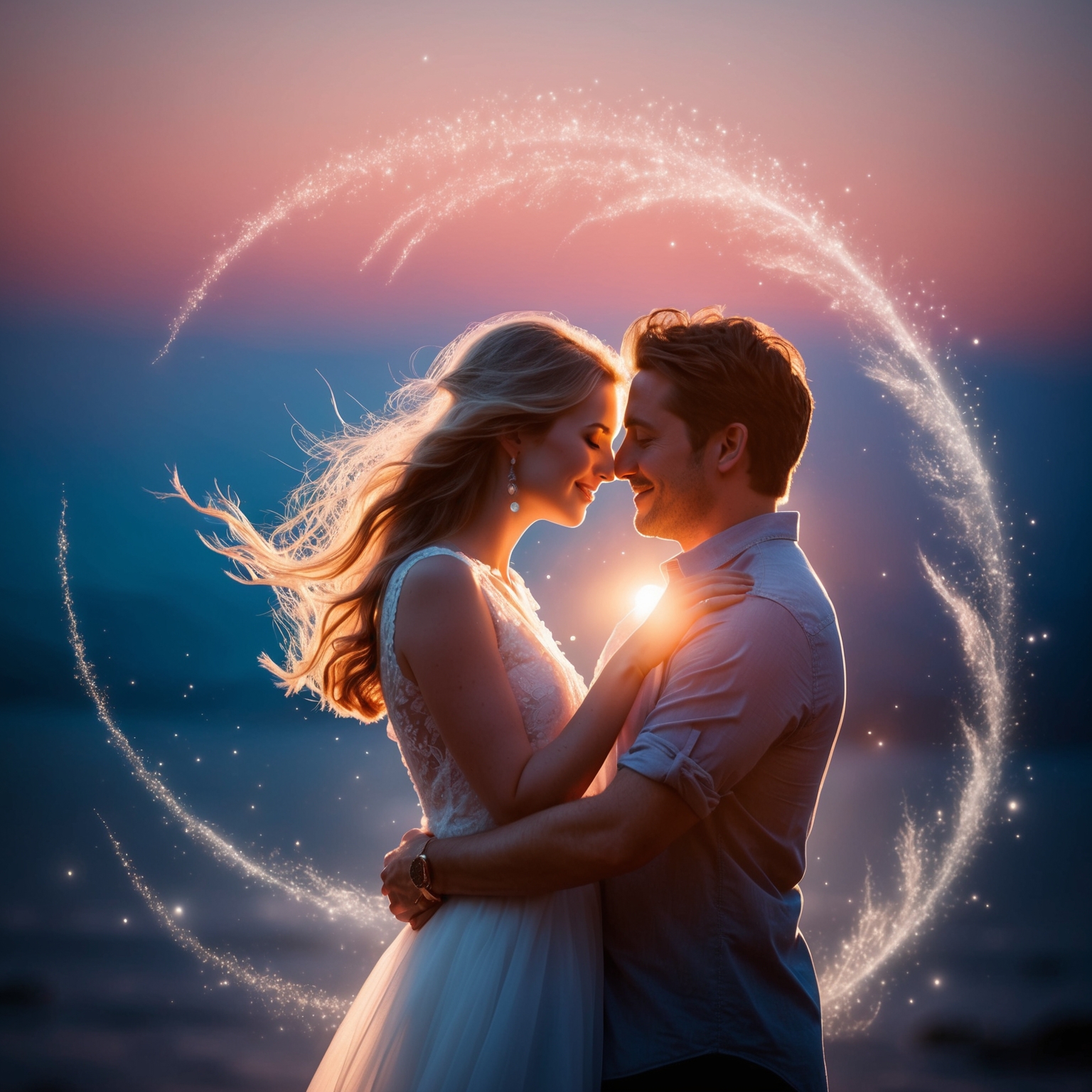 Create an image portraying a serene and romantic evening scene, capturing the essence of love and connection. Include elements like calm winds, an embracing couple, and a backdrop suggesting an enchanted or mystical atmosphere. Infuse a sense of warmth and harmony evocative of Tim Rice