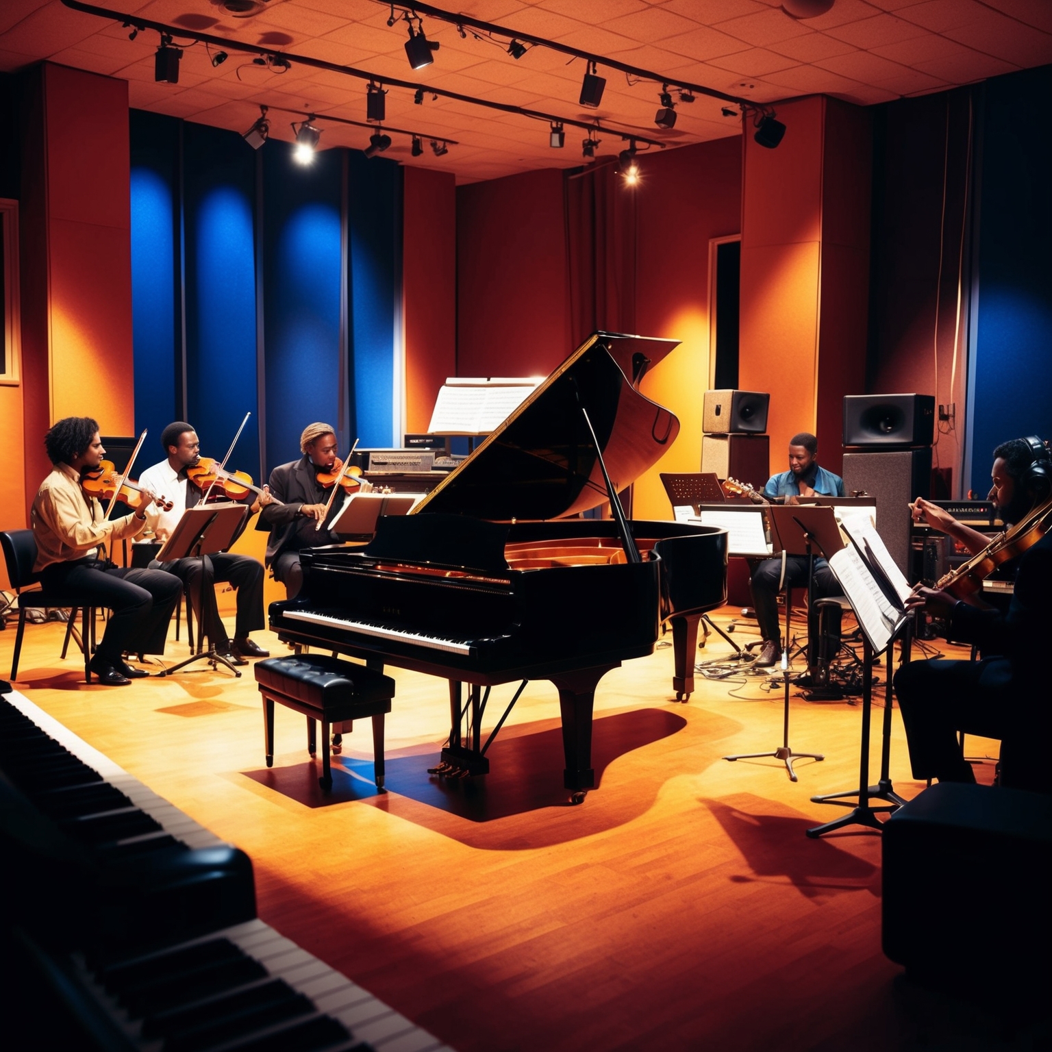 A detailed digital illustration of a music studio session with a focus on a grand piano, strings section, and recording equipment typical of a 1990s studio. The ambiance should evoke creativity and intimacy, showcasing collaborative artists in a warmly lit space, capturing the essence of creating a timeless ballad like 