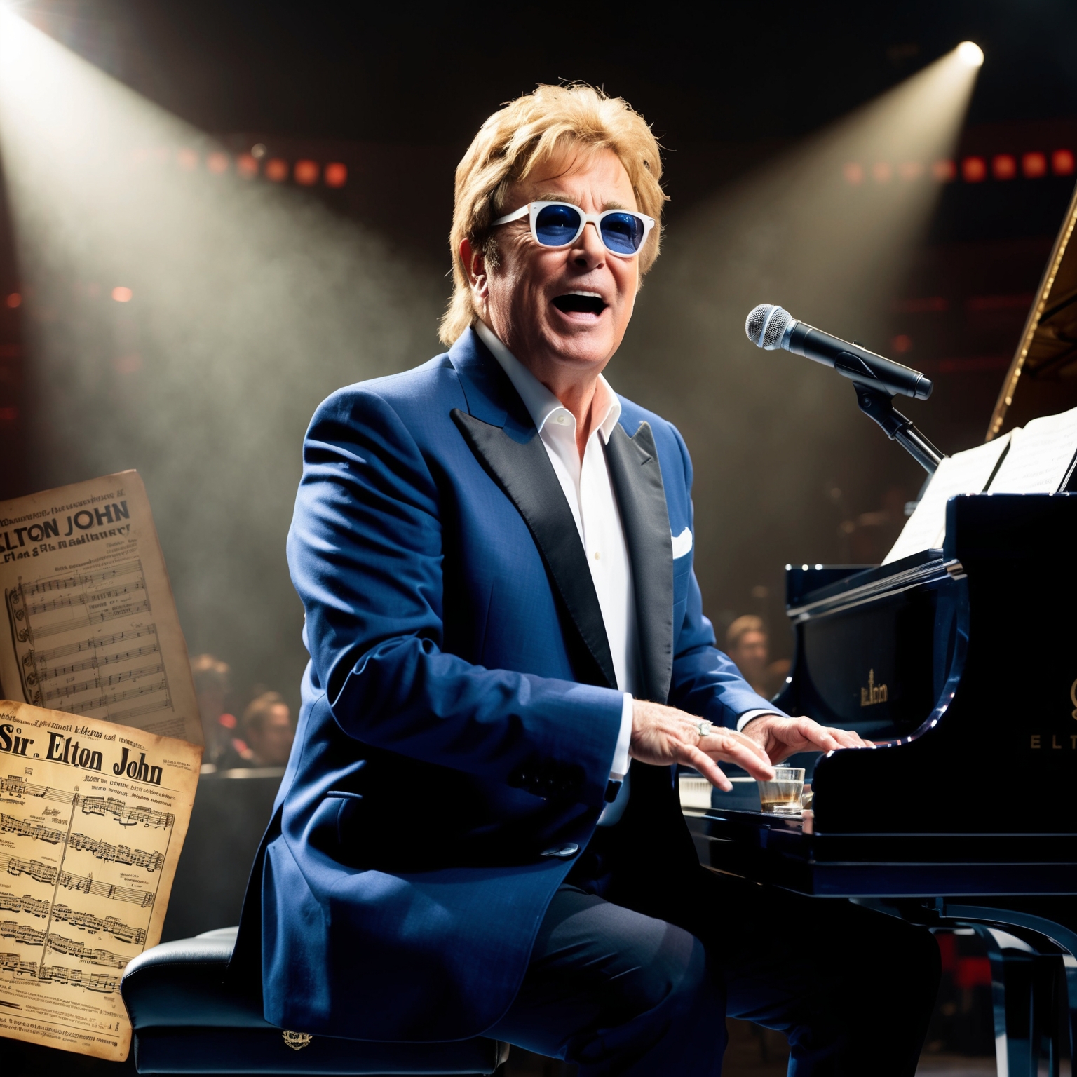 A portrait of Sir Elton John playing a grand piano, set in a concert hall with a spotlight highlighting his expressive performance. Background features elements of sheet music and vintage concert posters.