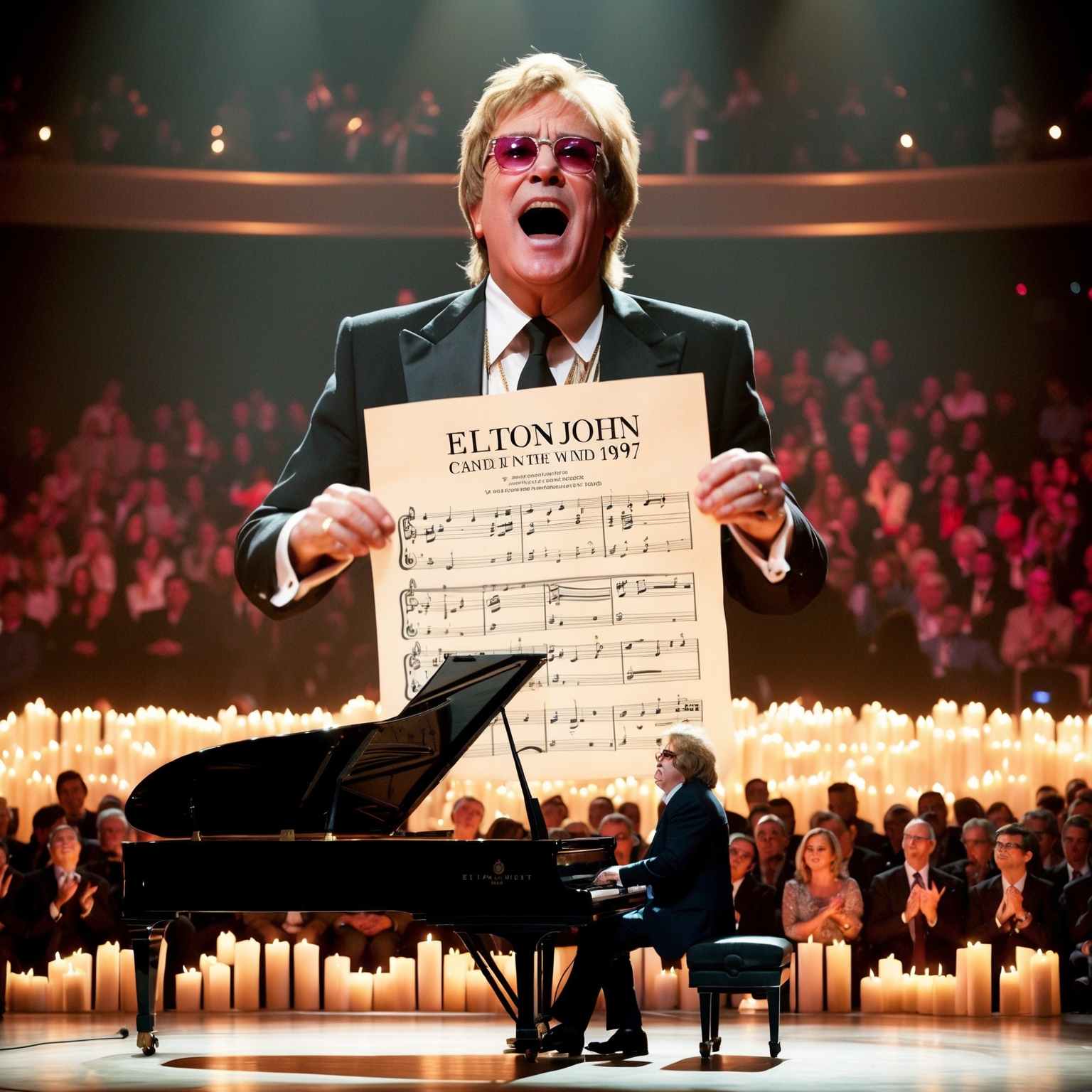 An artistic representation of Elton John passionately playing a piano on stage, surrounded by soft candlelight. The focus is on a large, captivated audience and the iconic song sheet of "Candle in the Wind 1997". The setting conveys grandeur and emotional resonance.