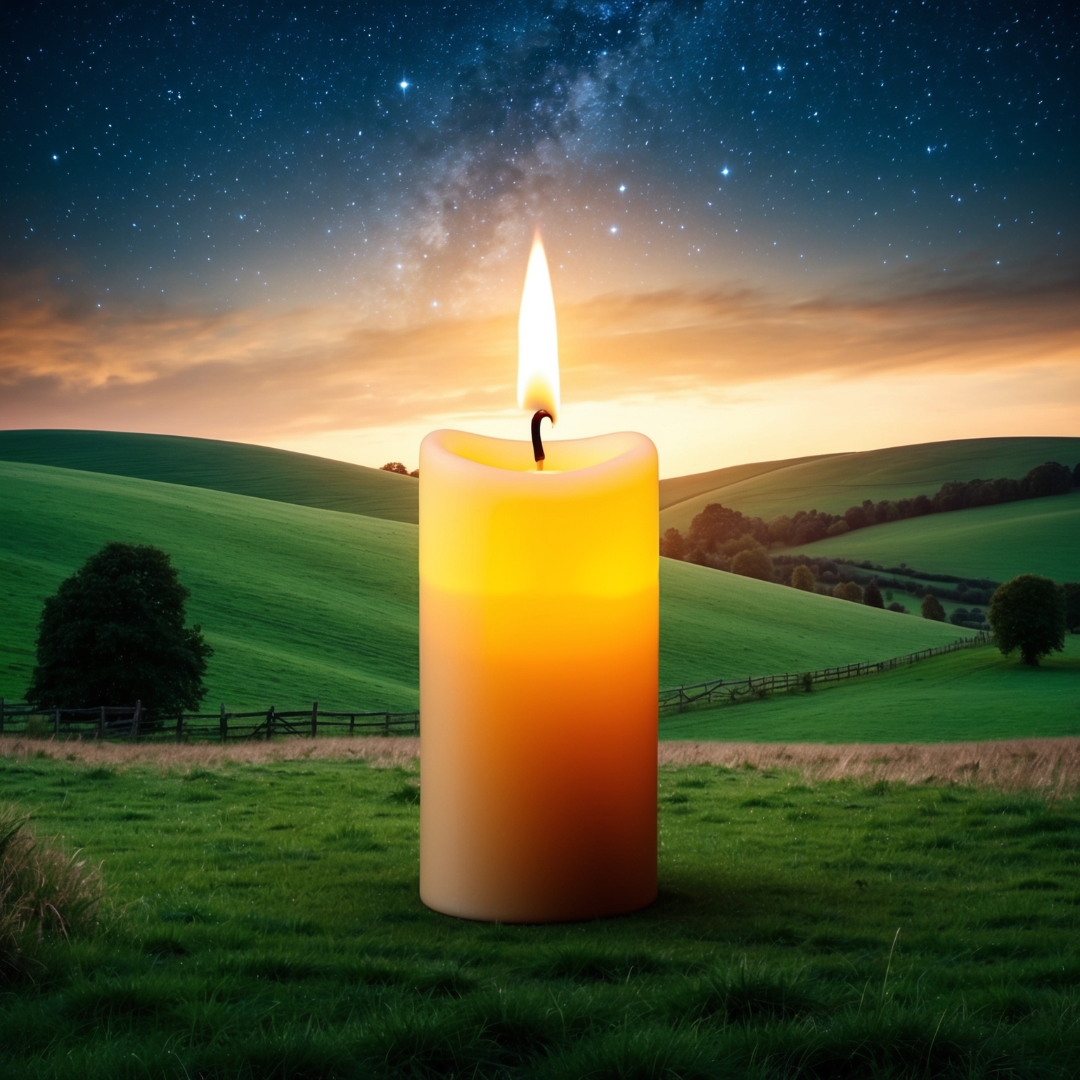 Create an artistic depiction of a candle flickering in a serene English countryside setting, symbolizing resilience and memory. Capture the tranquil beauty of rolling green hills under a sky of twinkling stars, evoking themes of remembrance and eternal legacy.