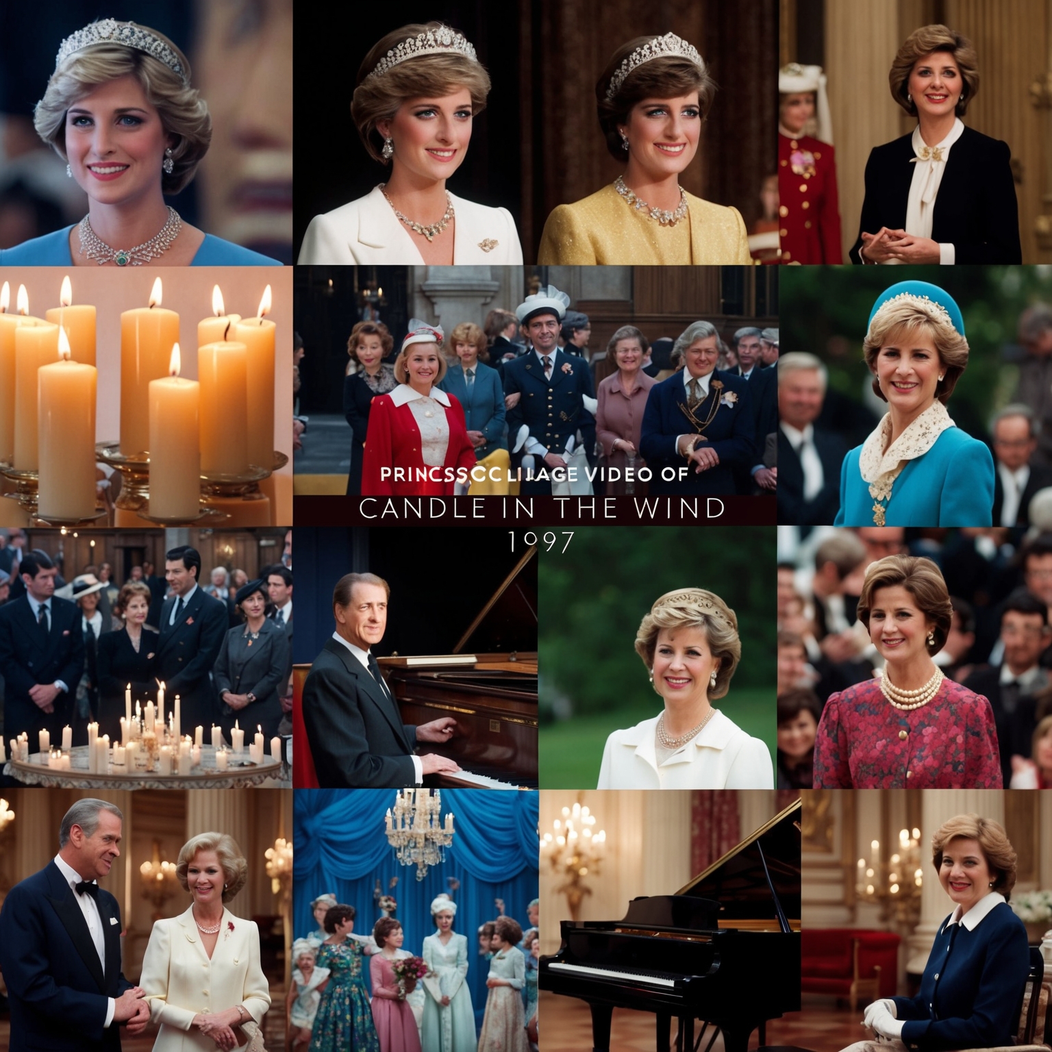 Create a nostalgic collage of fan-made videos for "Candle in the Wind 1997". Focus on evocative imagery of Princess Diana, musical elements like a grand piano, and scenes reflecting public admiration and legacy, transporting viewers to an emotional tribute experience.