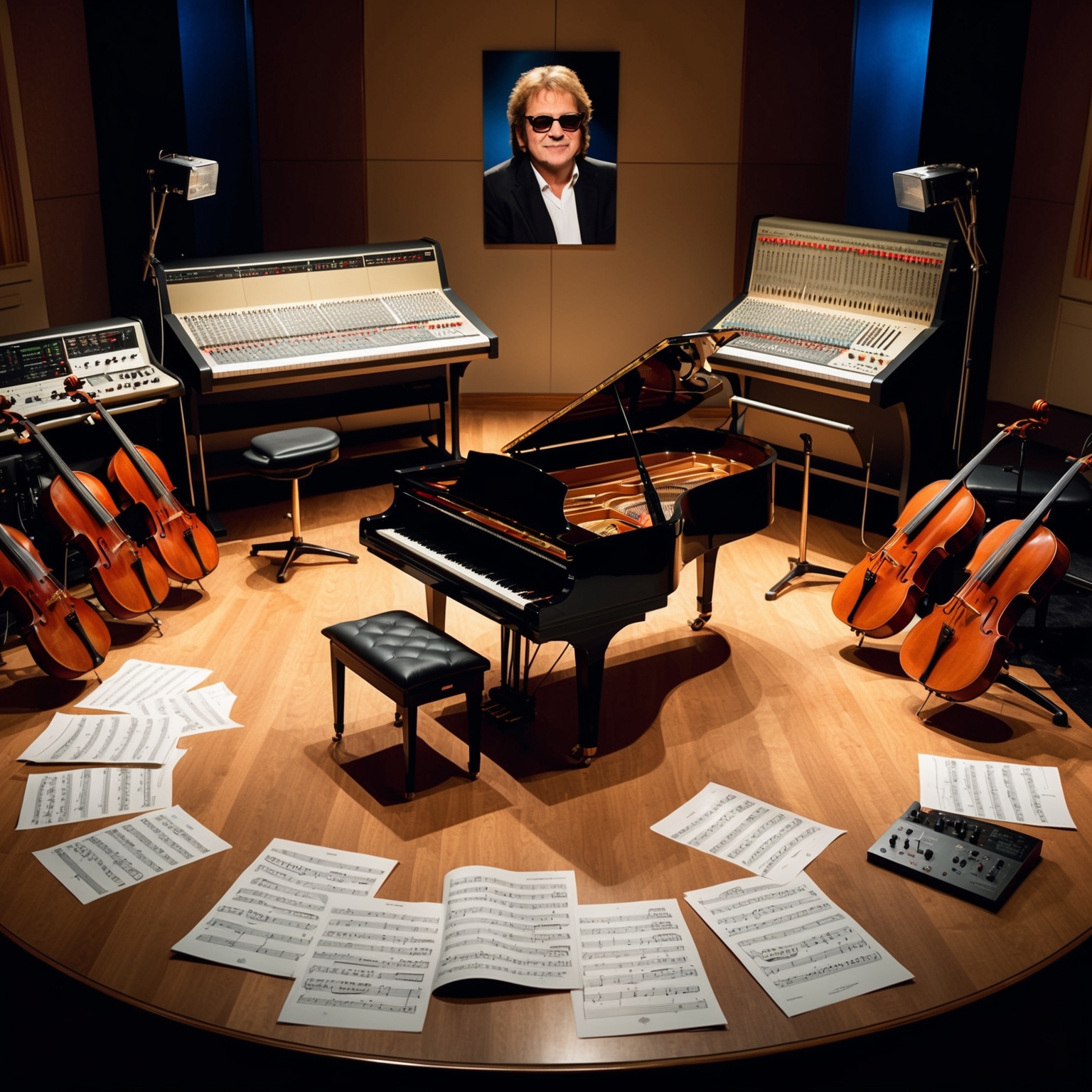 A detailed visual representation of a musical studio setup from the 1990s, a piano at the center with sheet music scattered around, surrounded by string instruments like violins and cellos. Picture a soundboard and mixing equipment typical of that era, with a portrait of Elton John composing music. The setting should be intimate, reflecting a reverent and emotional atmosphere suitable for recording a tribute.