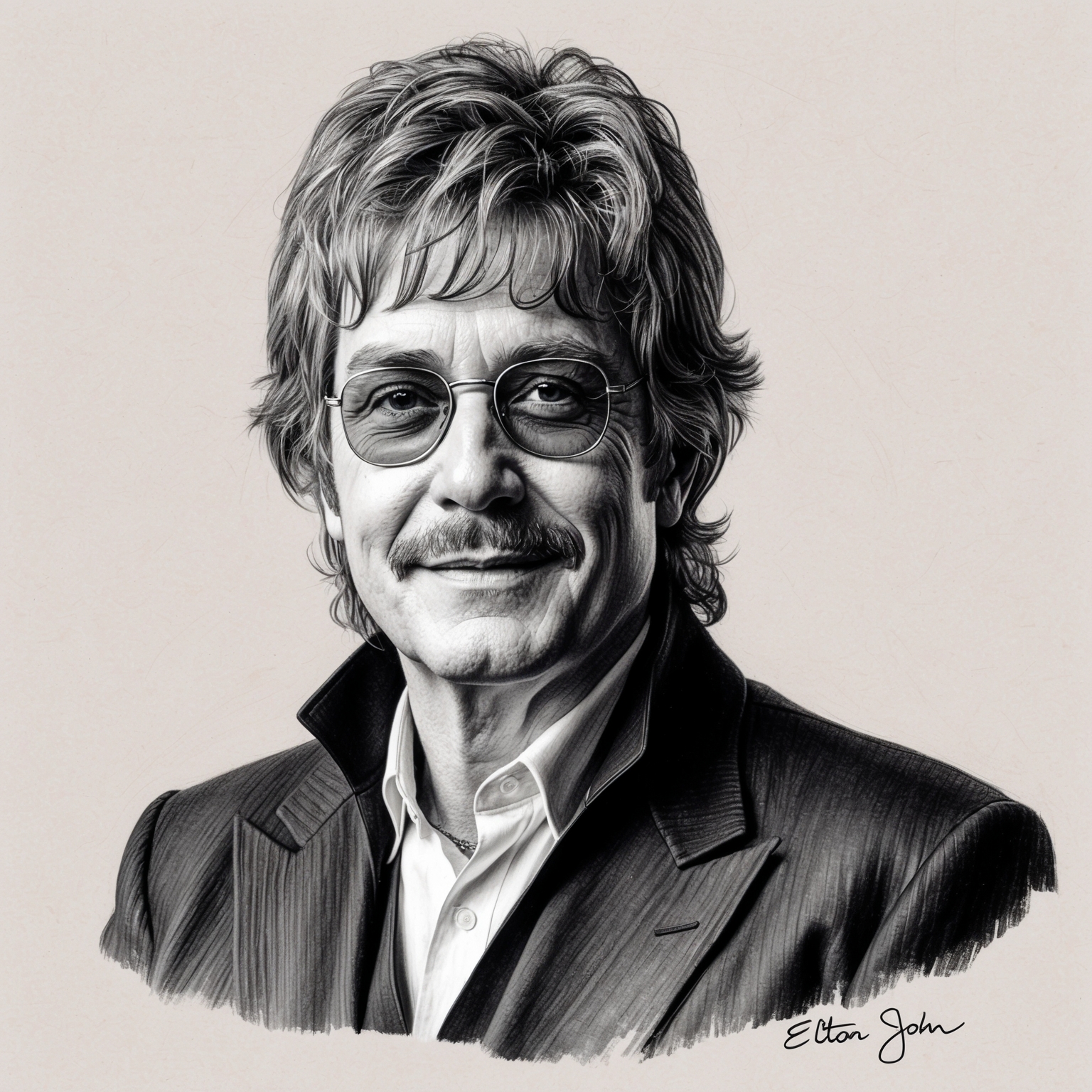 Create a black and white charcoal drawing of Elton John. The portrait should have a half-finished feel, capturing the essence of his charismatic presence and musical genius during the 1990s.