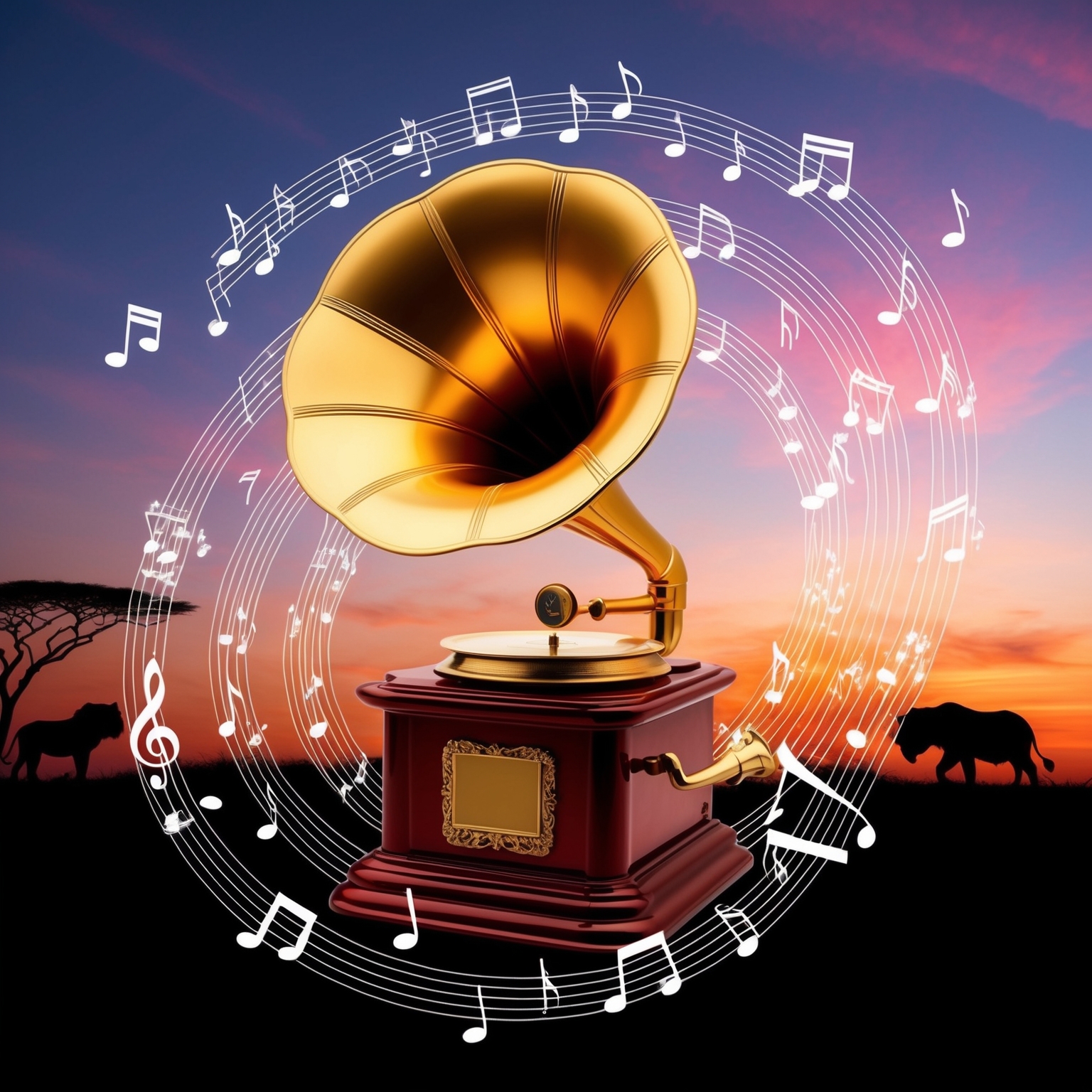 An image of a golden gramophone surrounded by a symphony of musical notes and a colorful aura. Include elements symbolizing animals and nature in the background, such as a silhouette of the savanna at dusk, to represent the song