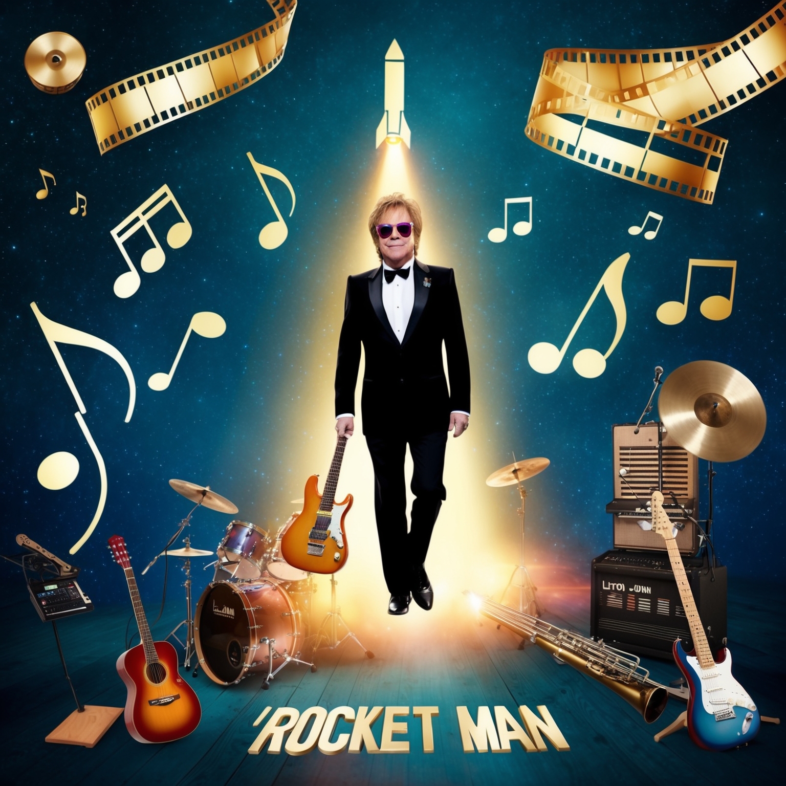 Create an image featuring icons of Elton John, musical notes, and a space theme, symbolically representing the song 