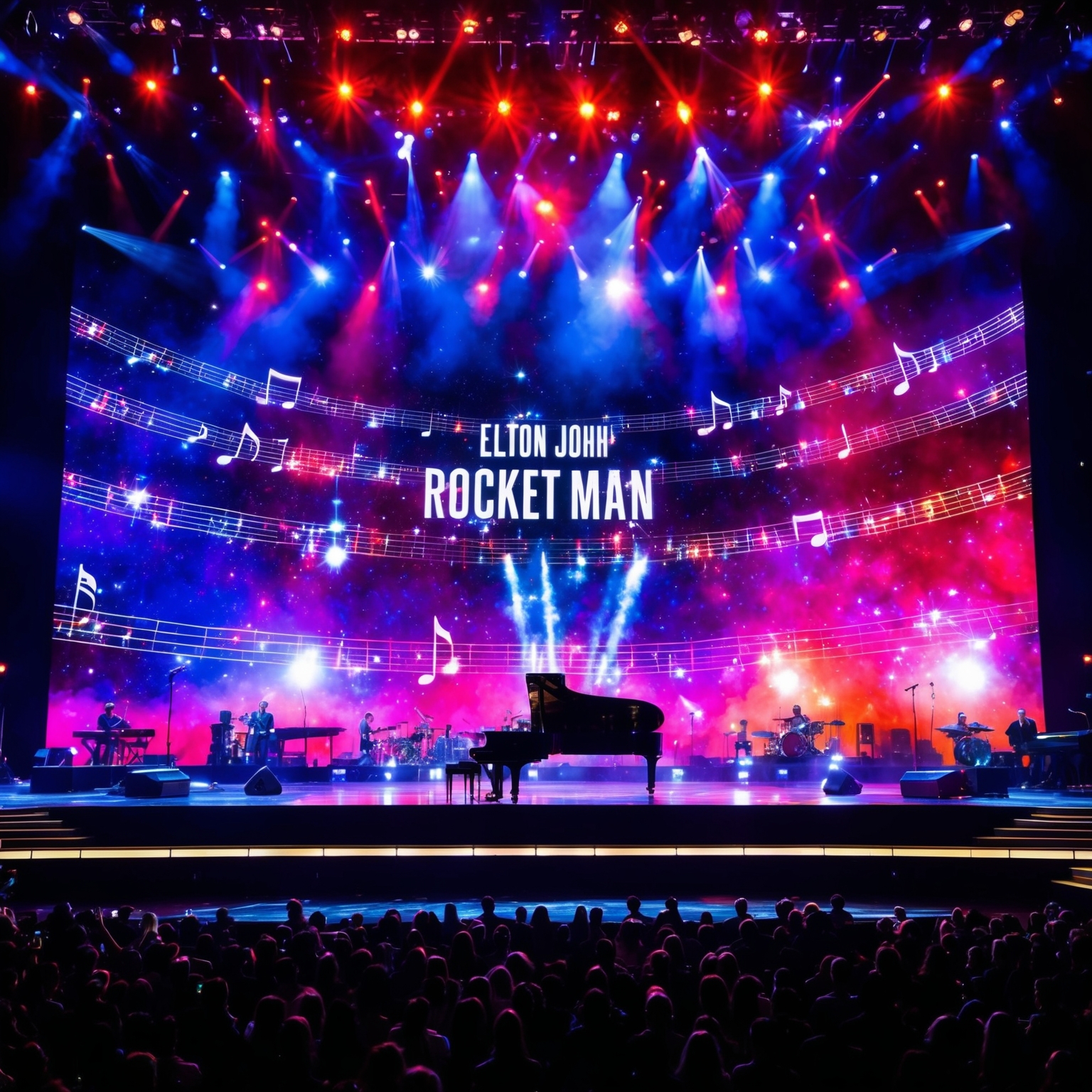 A concert stage with vibrant lights and a cosmic theme, reflecting Elton John