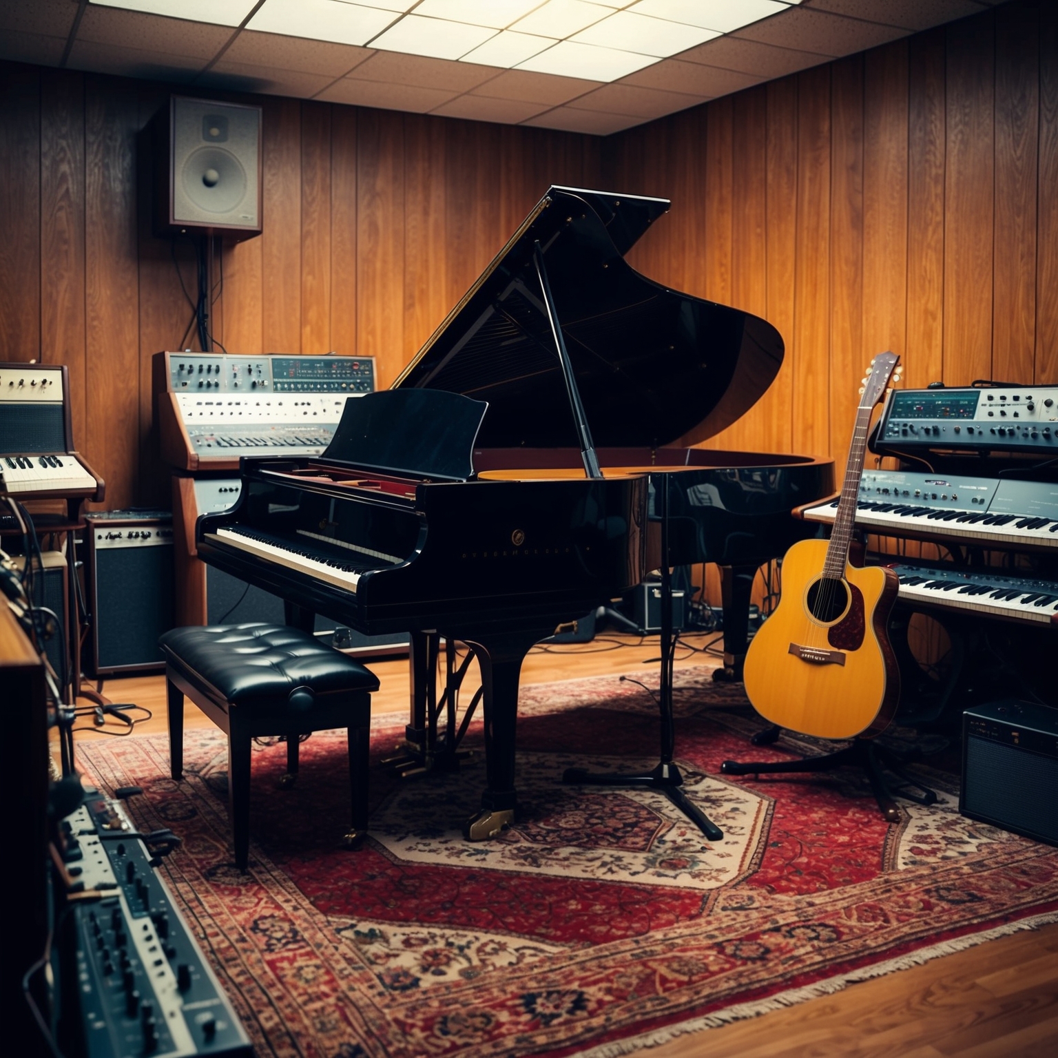 Create an image depicting a vintage recording studio from the 1970s, featuring a grand piano, synthesizers, and guitars. The room is filled with musical equipment and instruments, capturing the essence of a creative recording session in a cozy and vibrant atmosphere.