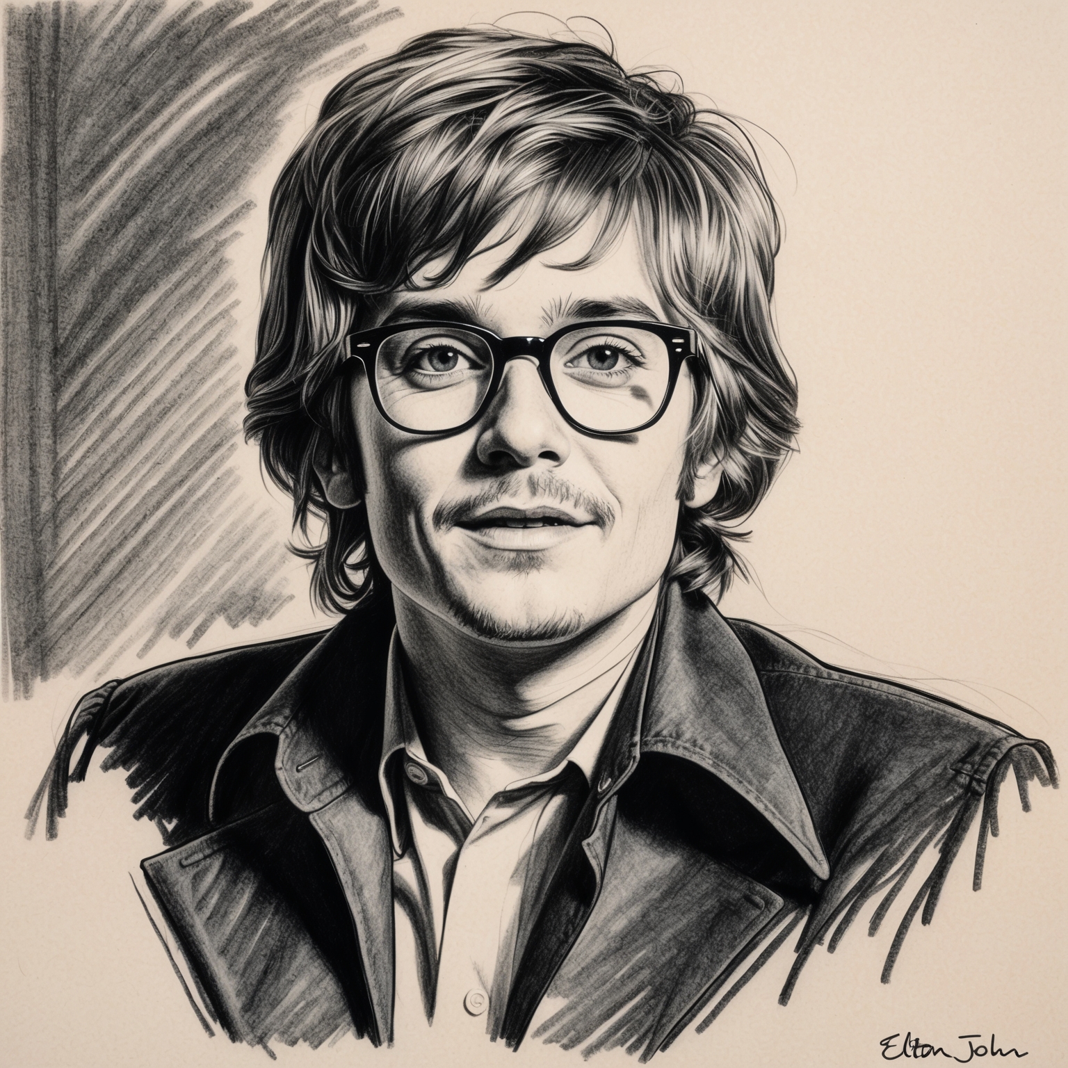 A black and white charcoal, stylistic drawing of a young Elton John, with a half finished, sketch-like feel. The artwork captures his signature glasses and expressive demeanor, encapsulating his expressive and iconic persona from the early 1970s.